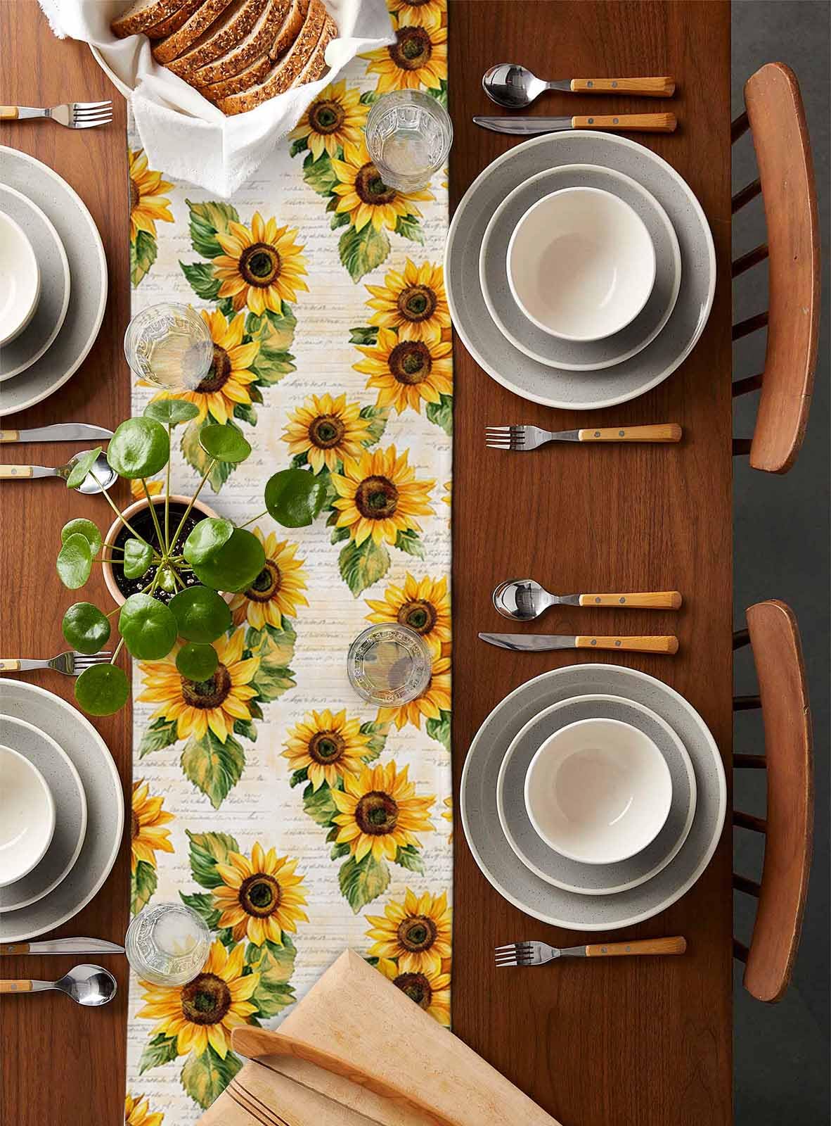 Sunflower Cotton Linen Table Runner 13x90 Inch - Rustic Farmhouse Kitchen Decor for Dining Table, Wedding Banquet, Party & Holiday Celebrations - Perfect for Family Dinners, Bridal Showers & Home Decoration