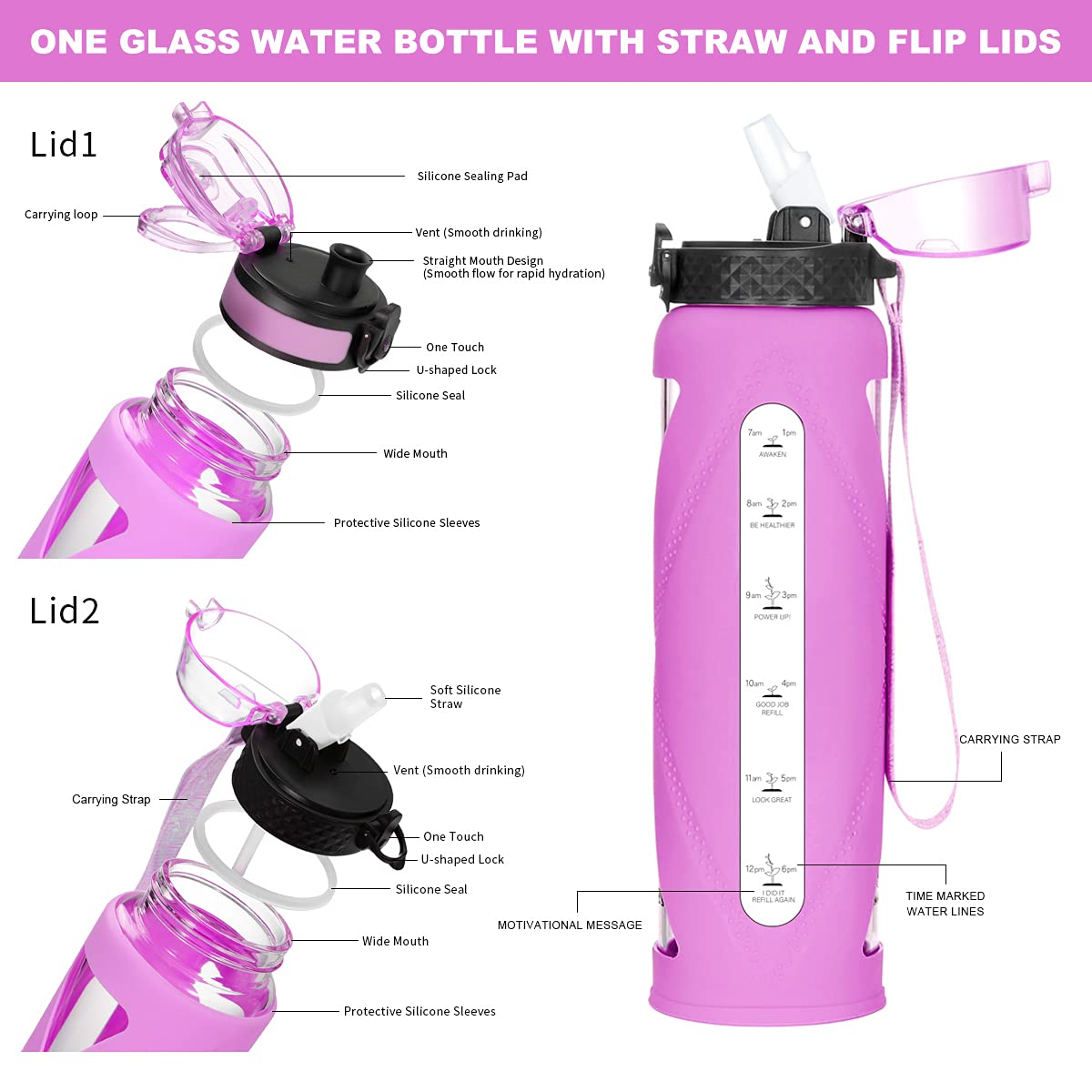 32oz Motivational Water Bottle with Straw & Flip Lid - Leakproof, BPA Free Glass Water Bottle with Time Marker & Silicone Sleeve - Perfect for Gym, Hiking & Office Hydration (Purple)