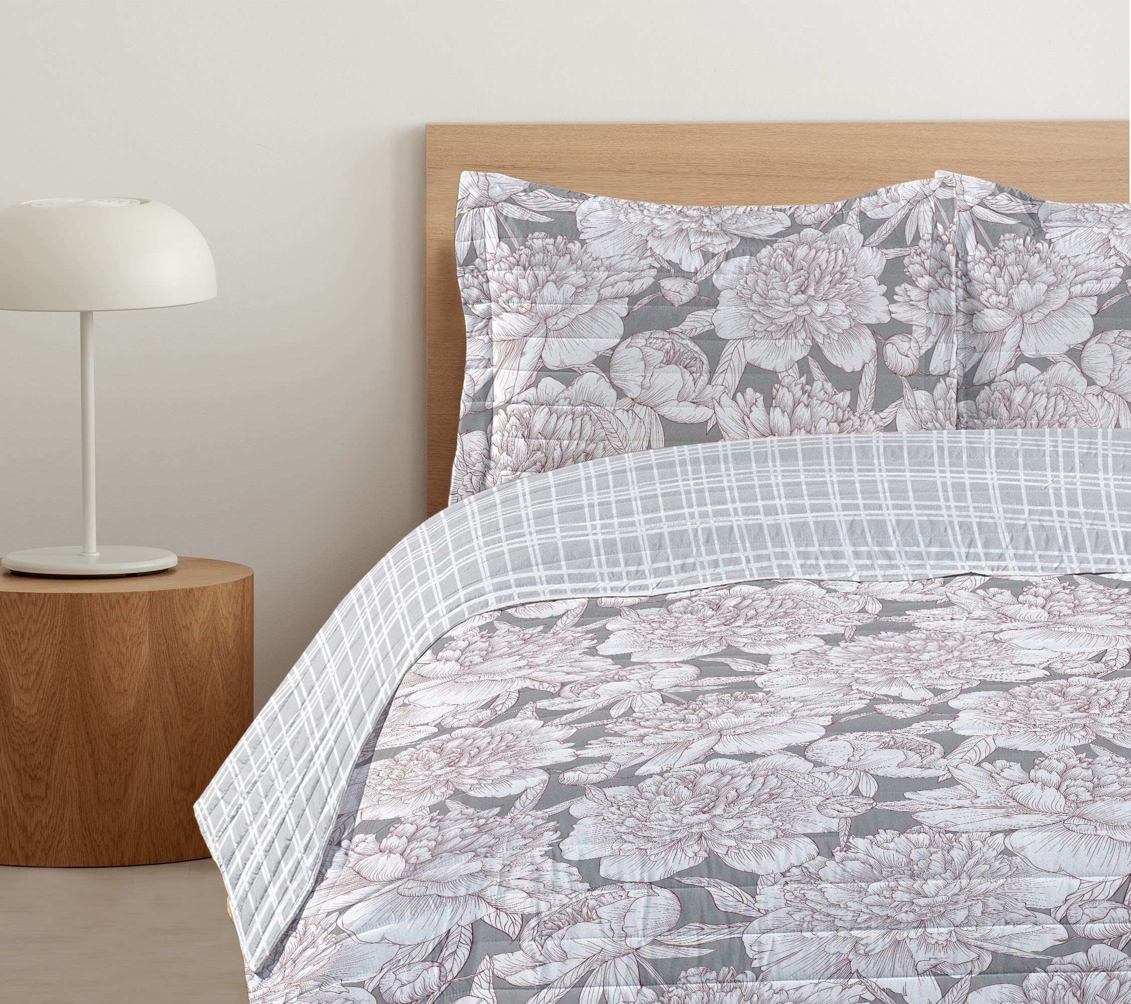 Ambesonne Floral Reversible Queen Size Bedspread Set - Hand Drawn Rose, Chamomile & Peonies Design, Microfiber Comforter with Pillow Shams, Taupe Grey | Earthy Botanical Bedroom Decor for Master Bedroom, Guest Room & Cozy Farmhouse Style