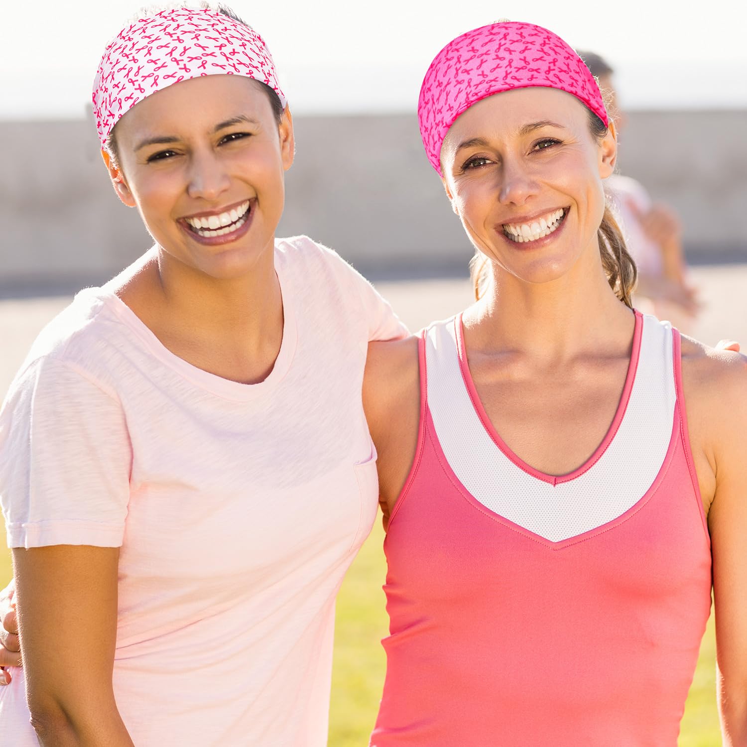 WILLBOND 4 Pack Pink & White Breast Cancer Awareness Headbands for Women - Stretchy Elastic Wide Hair Bands for Yoga, Running, Workout & Sports - Sweat Wicking Ribbon Hair Wraps for Exercise & Daily Wear