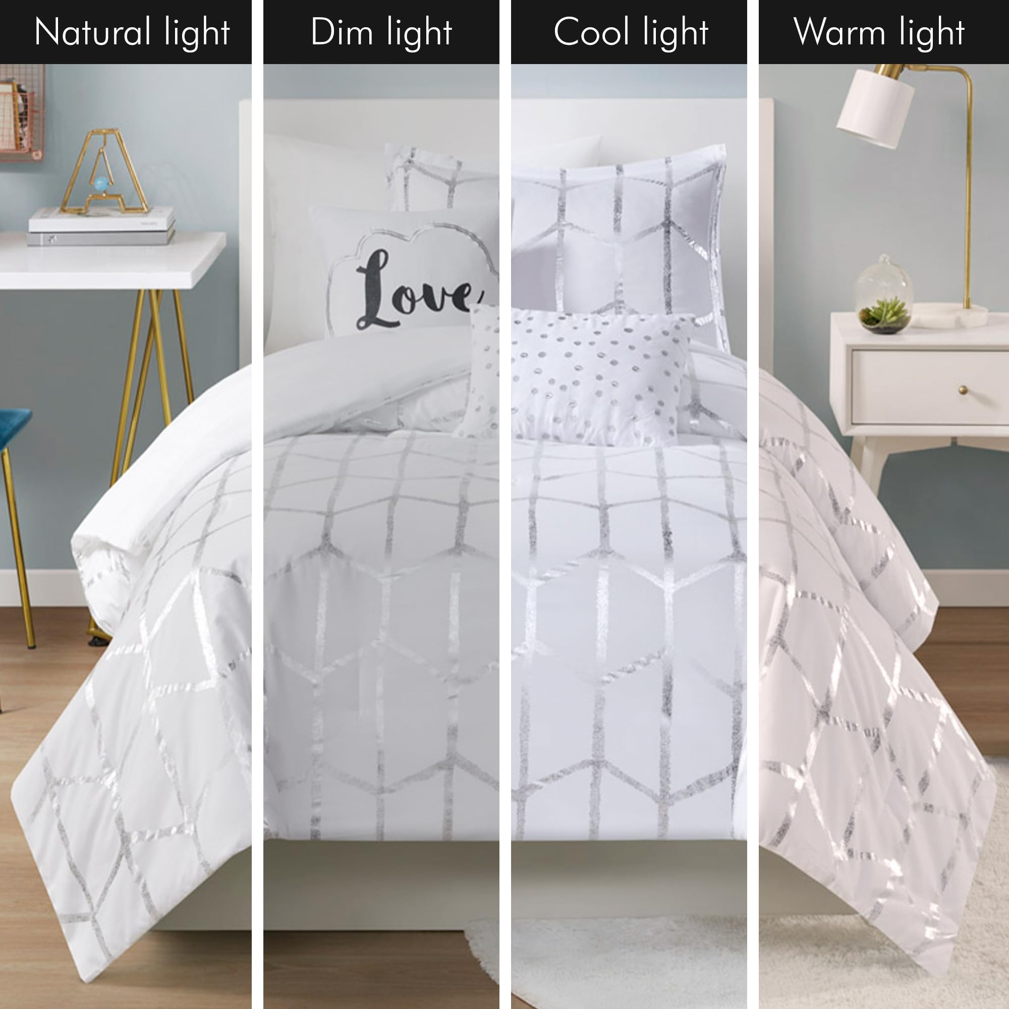 Intelligent Design Raina Twin/Twin XL Comforter Set - Soft Microfiber Geometric Bedding with Metallic Accents, 4-Piece College Dorm Essentials (Comforter, Sham & 2 Decorative Pillows) in White | Perfect for Teen Rooms, Guest Bedrooms & Modern Apartments