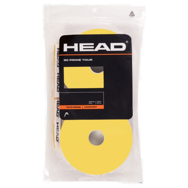 Head Prime Tour Overgrip Tennis Racket Grip Tape - 30 Pack (Yellow) | Non-Slip Sweat Absorbent Overgrips for Better Control & Comfort | Perfect for Tennis, Badminton, Squash & Racquetball Players