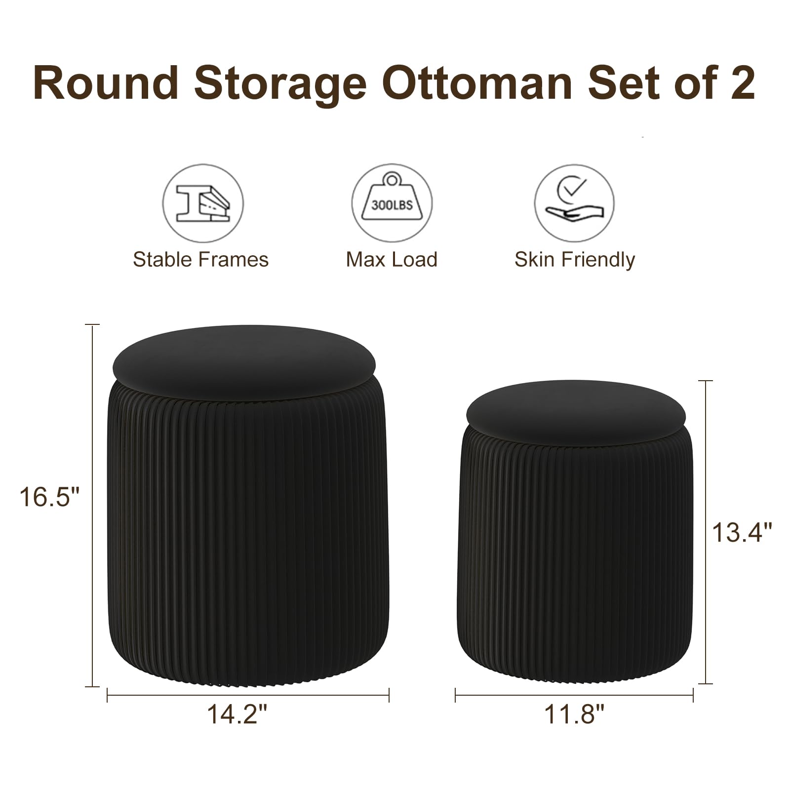 Black Velvet Storage Ottoman Set of 2 - Round Foot Rest Stool with Hidden Storage, Makeup Vanity Chair & Pouf for Living Room, Bedroom, Dressing Area - Perfect for Extra Seating & Home Organization