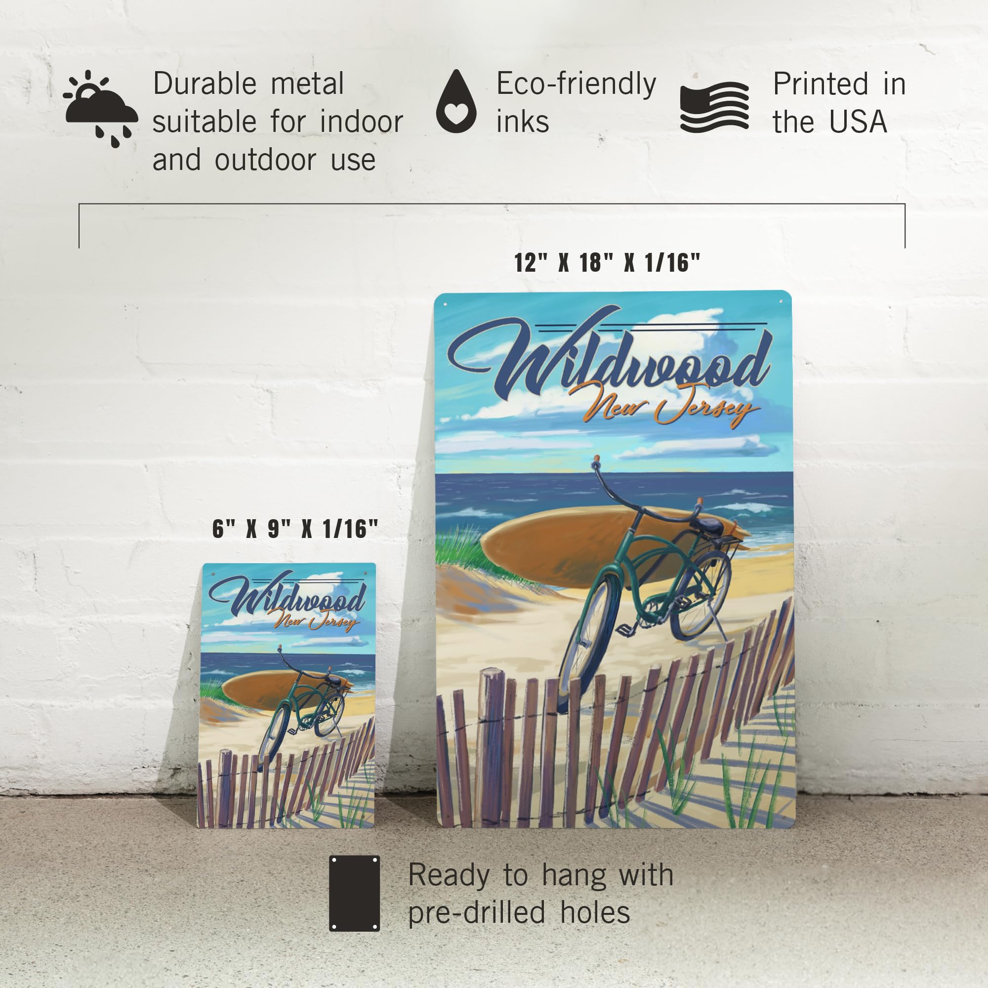 Lantern Press 6x9 Inch Metal Sign - Wildwood, New Jersey Beach Cruiser on Beach - Perfect for Home, Office, or Outdoor Decor