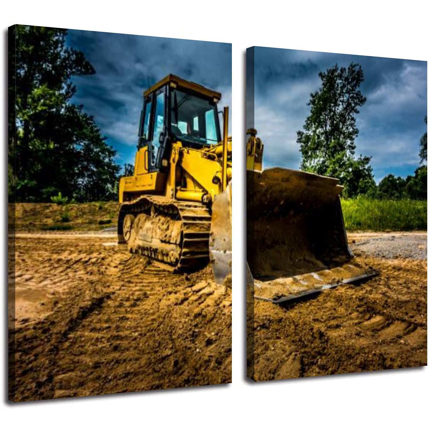 POTAETWL 2 Panel Bulldozer Canvas Wall Art - Modern Construction Equipment Painting for Office, Living Room & Kitchen Decor (24x36 Inches) | Perfect for Industrial Theme Spaces & Construction Enthusiast Gifts