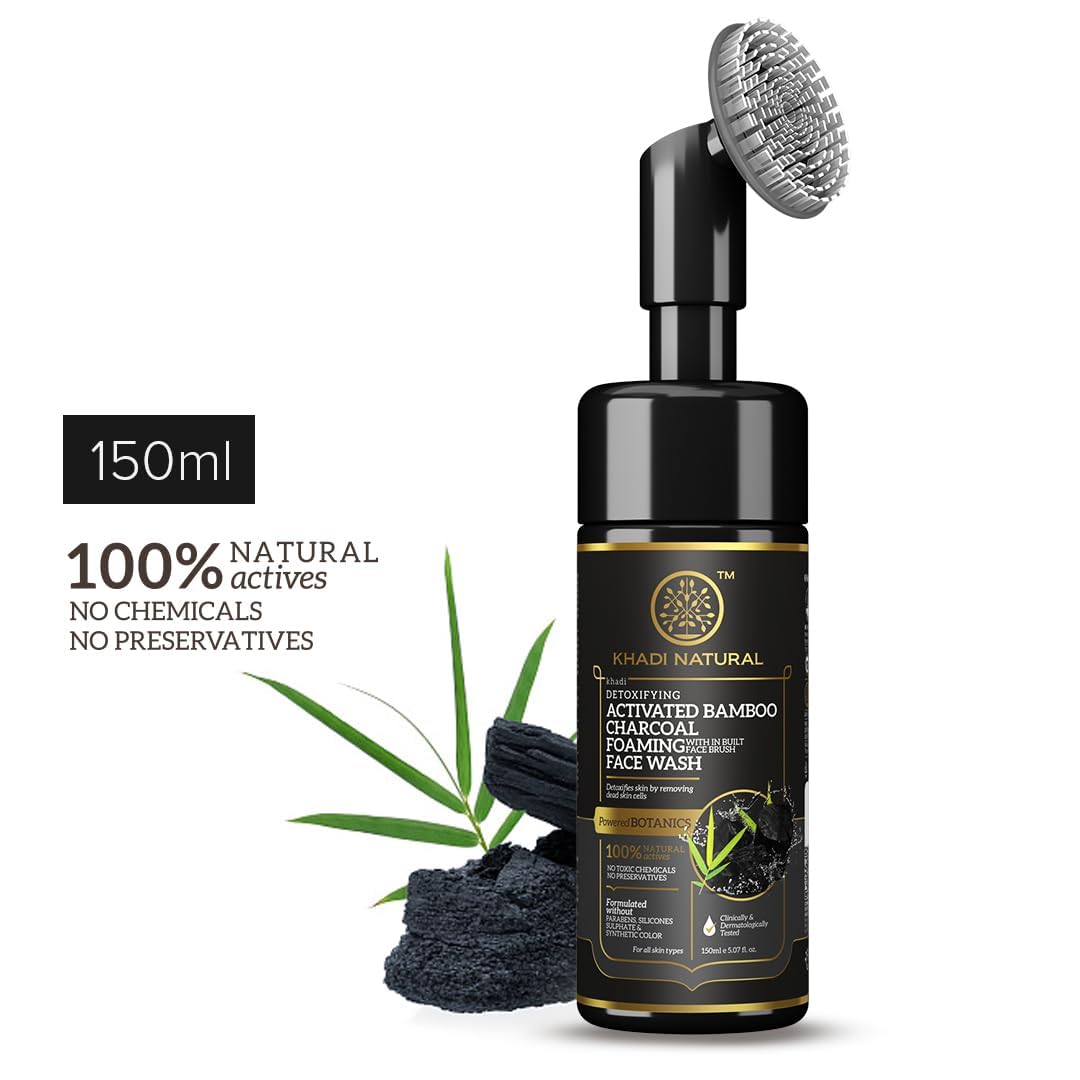 Khadi Natural Activated Bamboo Charcoal Foaming Face Wash with Built-in Brush | Anti-Pollution & Exfoliating Cleanser | Deep Pore Cleansing for Acne & Blackheads | Powered by Botanics (150ml) | Perfect for Daily Skincare Routine & Travel
