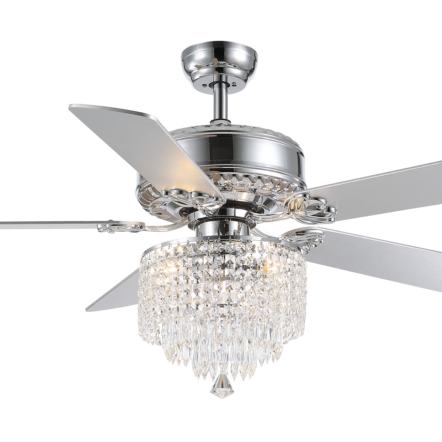 Moooni 52 Inch Modern Crystal Ceiling Fan with Lights and Remote Control - Elegant Chandelier Fan Light Kit (Fandelier) with 5 Wooden Blades - Perfect for Bedroom, Living Room, Dining Room - Silver Finish - Energy Efficient & Quiet Operation