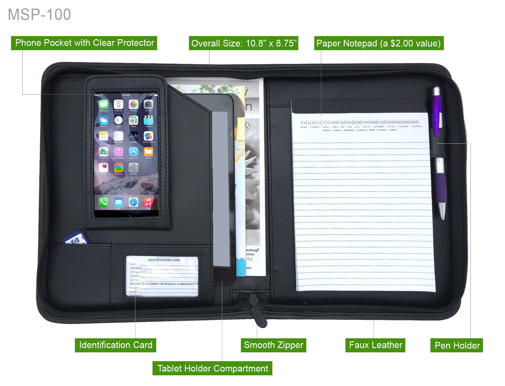 Compact Black Zipper Padfolio with Notepad - 10.8
