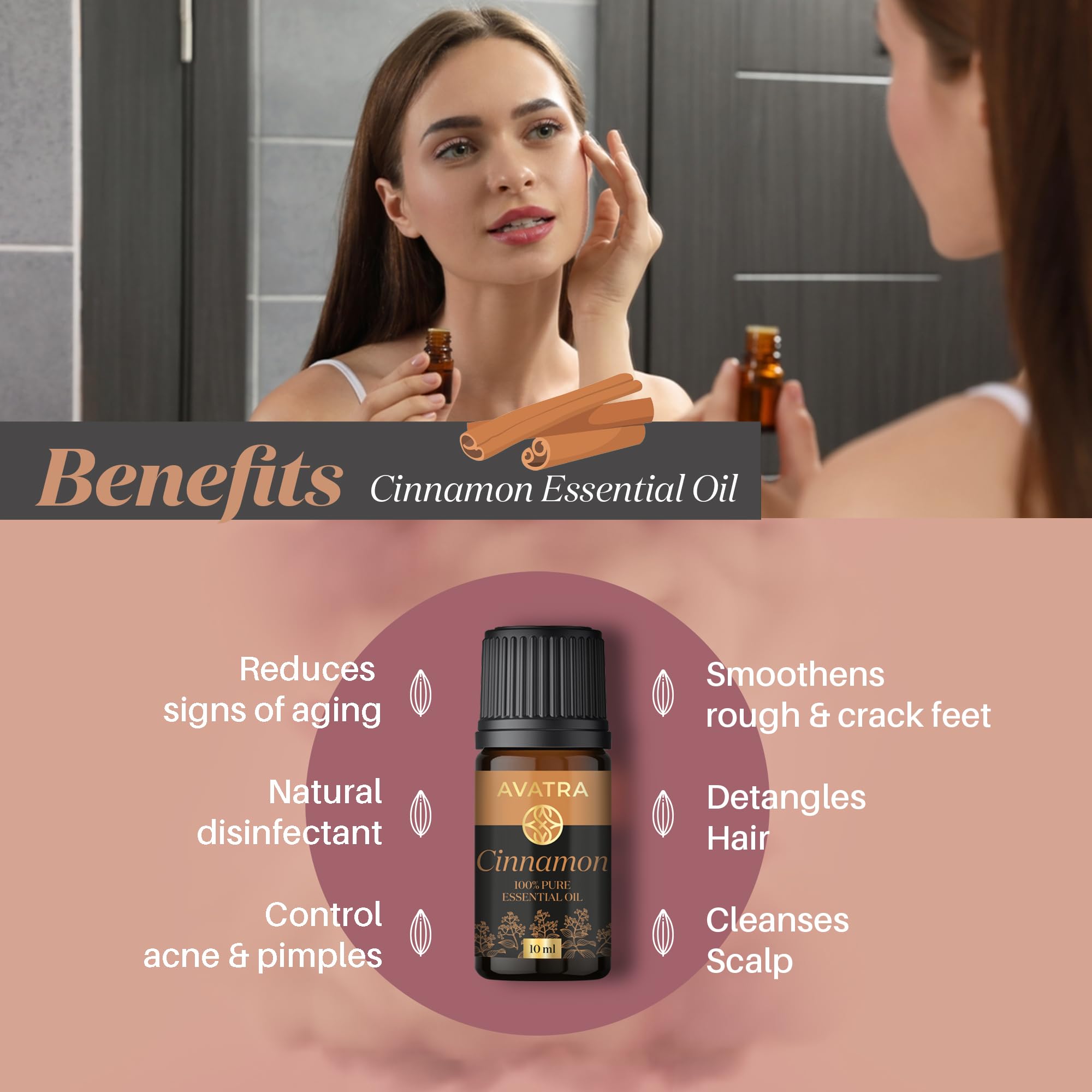 **Avatra 100% Pure Cinnamon Essential Oil - 10ml | Natural Skin & Hair Care, Aromatherapy, Muscle Relaxation | Reduces Dandruff, Lightens Scars & Blemishes | Perfect for Diffusers, Massage & DIY Beauty Recipes**