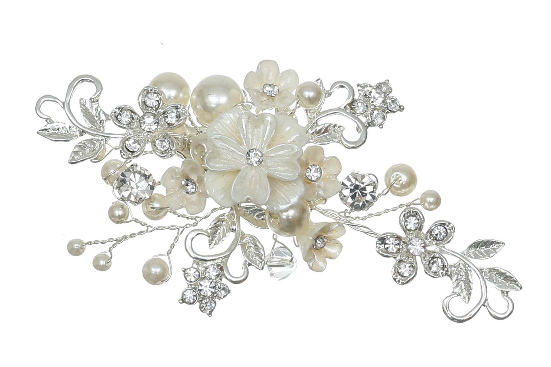 SAMKY Handmade White Pearl Crystal Flower Hair Clips - Silver T1212 | Elegant Hair Accessories for Weddings, Parties & Everyday Wear