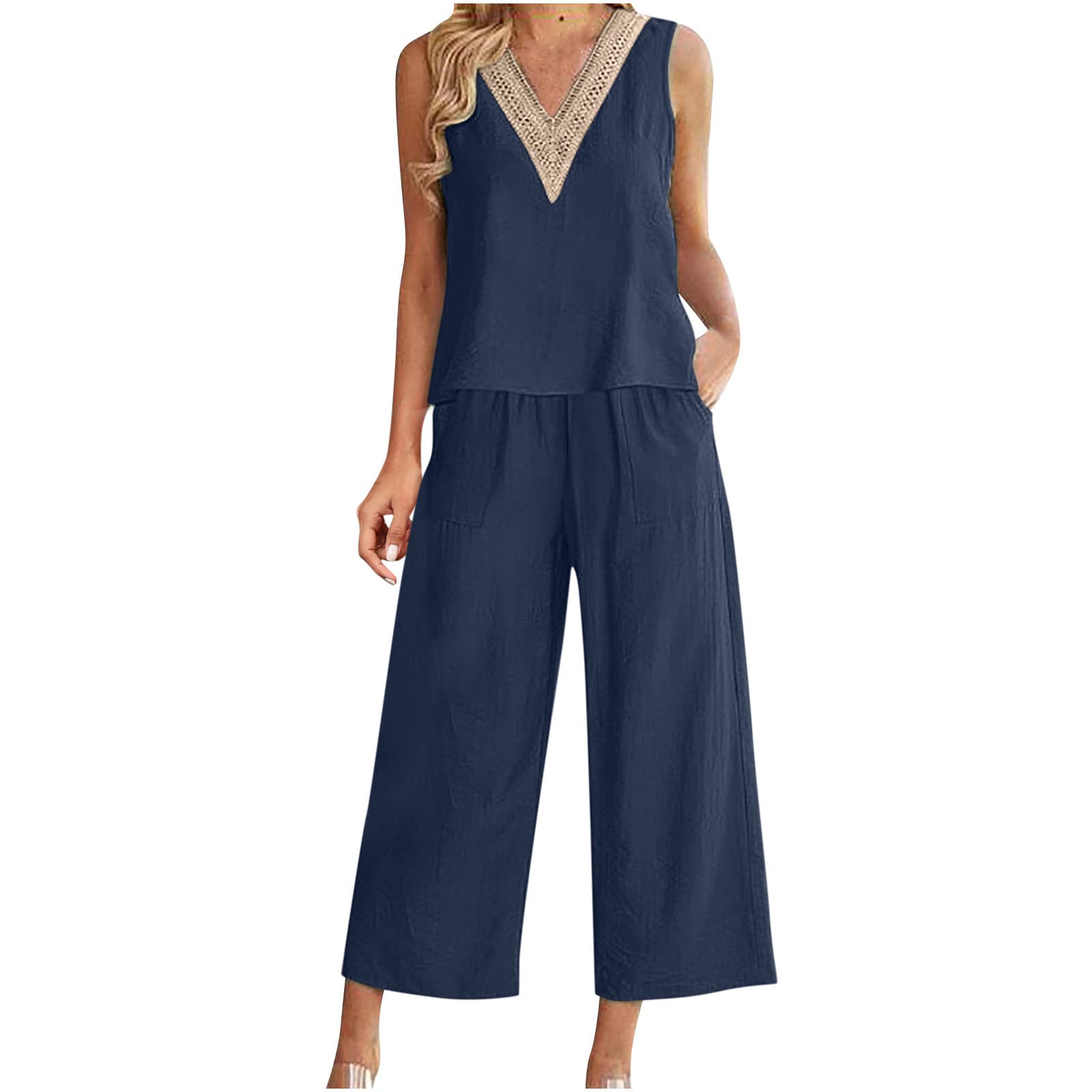 Women's 2 Piece Lounge Set - Sleeveless V Neck Cotton Linen Tank Top & Wide Leg Pants Matching Outfit | Soft Summer Casual Wear for Home, Travel & Yoga