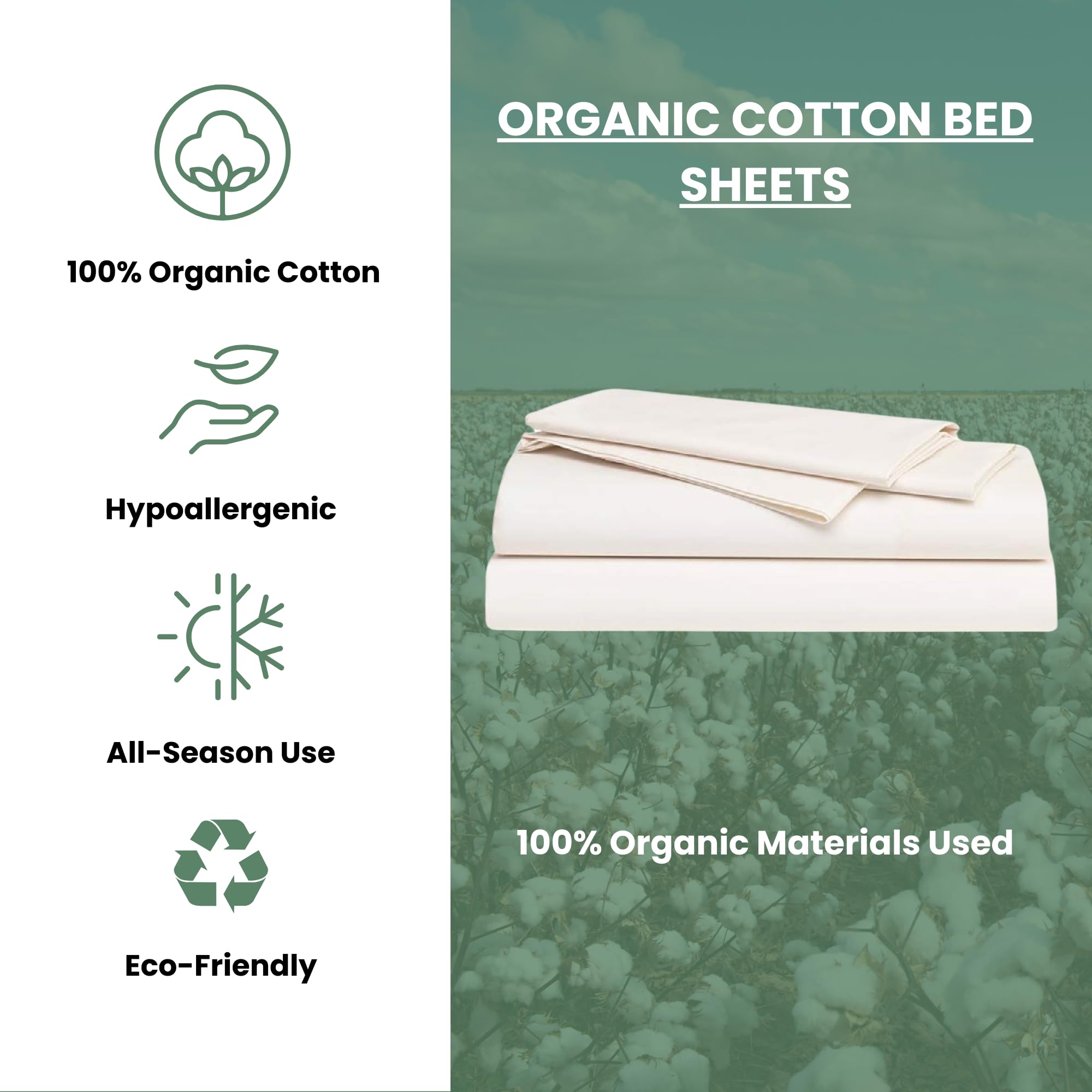 Organic Cotton Bed Sheets Set - Full Size, Ivory, 350 Thread Count, GOTS Certified | Breathable & Comfortable Luxury Sheets for All Seasons | Perfect for Master Bedroom, Guest Room, Dorm or Vacation Home | Machine Washable