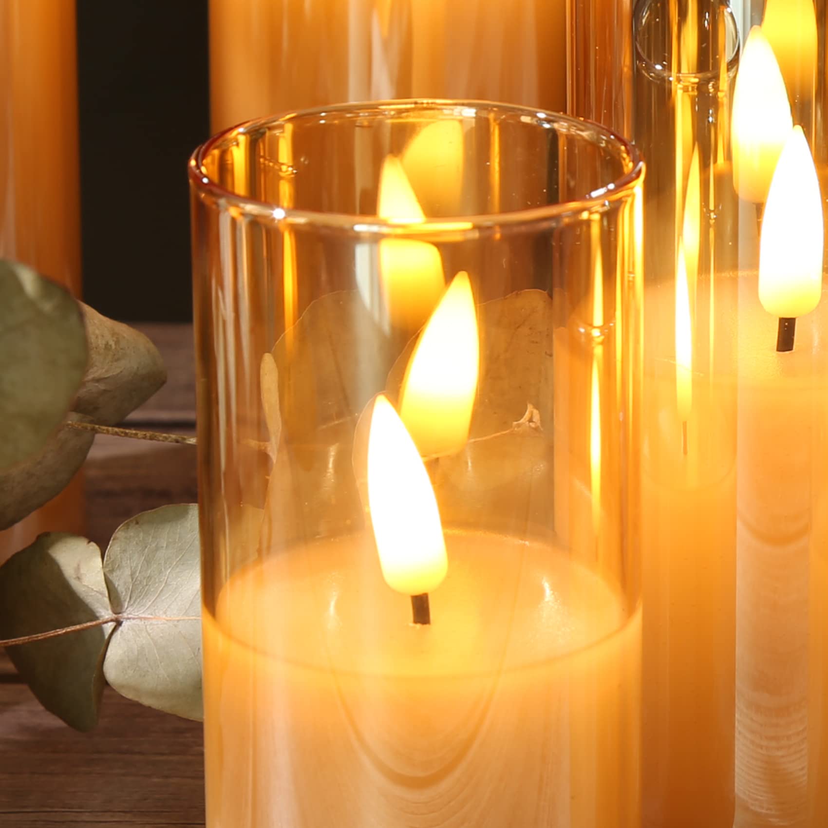 Premium Gold Glass Flameless Candles with Remote Control - Set of 5 Slim Tall Flickering LED Votive Pillar Candles for Christmas, Weddings, Home Decor & Romantic Ambiance