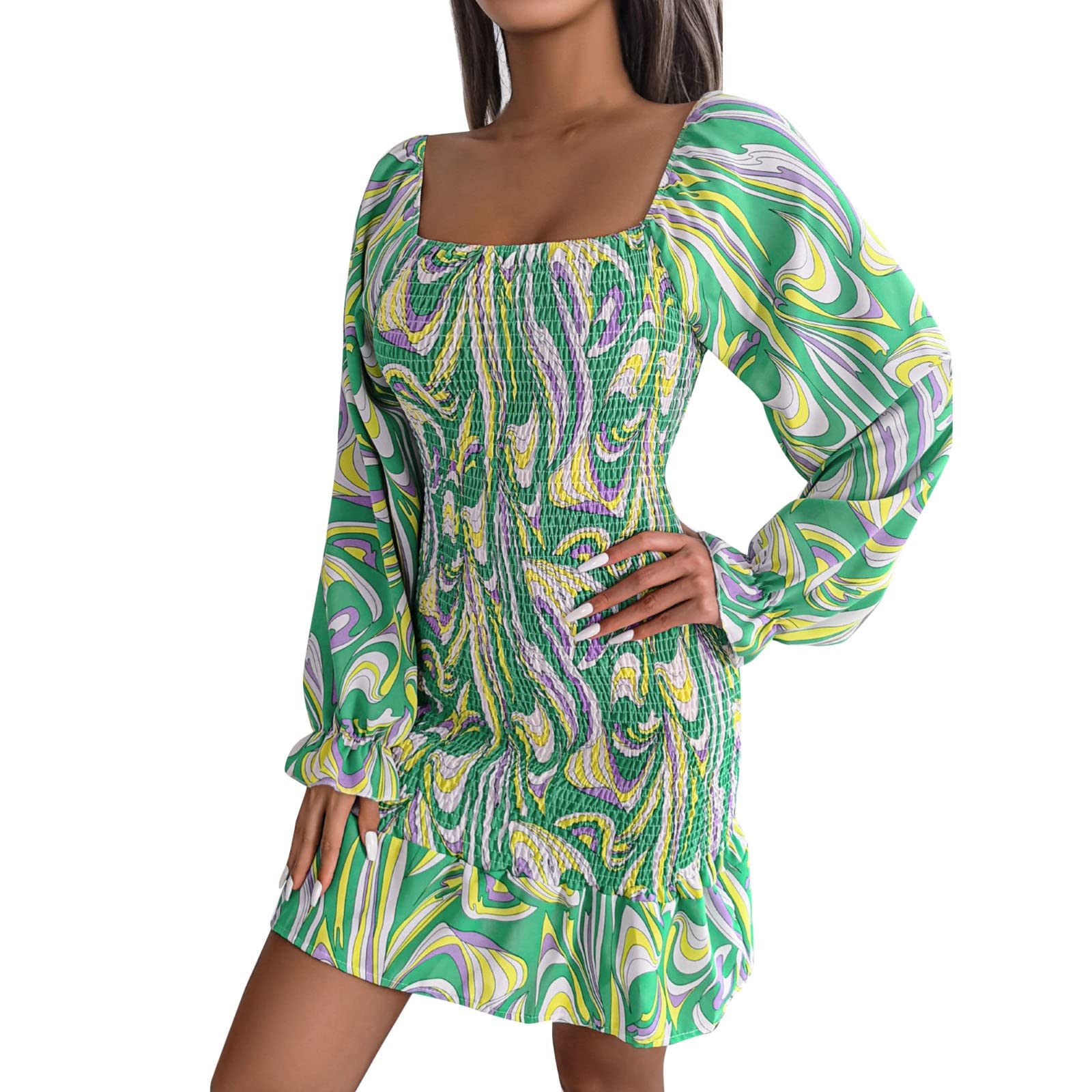 YOYORI Women's Boho Square Neck Casual Dress - Long Sleeve Tie Back High Waist Floral Print Ruffle Flowy Mini Dress for Fall | Perfect for Date Nights, Parties & Casual Outings (Green, XL)