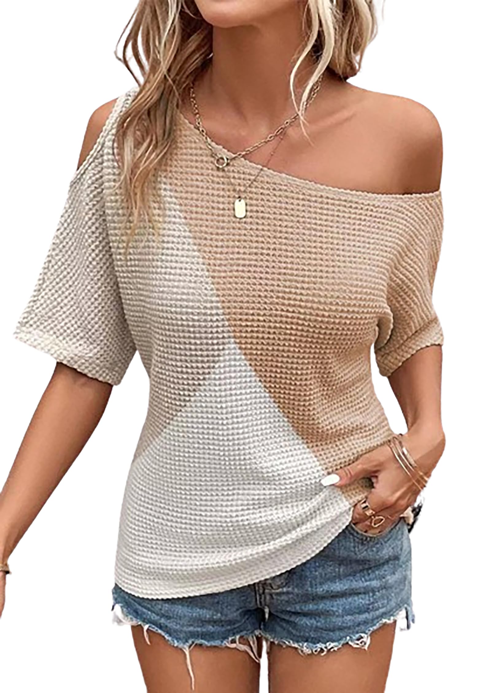 YeonYoonA Women's Color Block Waffle Cold Shoulder Blouse - Batwing Half Sleeve Loose Top for Casual Wear, Office Outfits & Spring Fashion