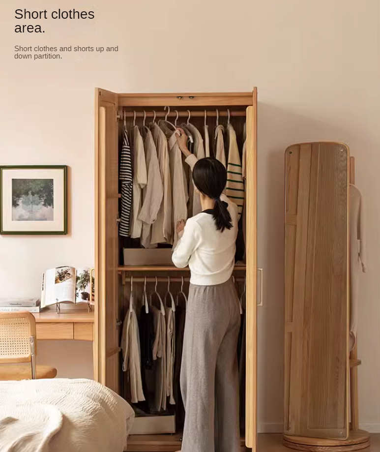 Oak Solid Wood Modular Wardrobe with Rattan Doors - Customizable Closet Storage for Bedroom & Living Room Organization
