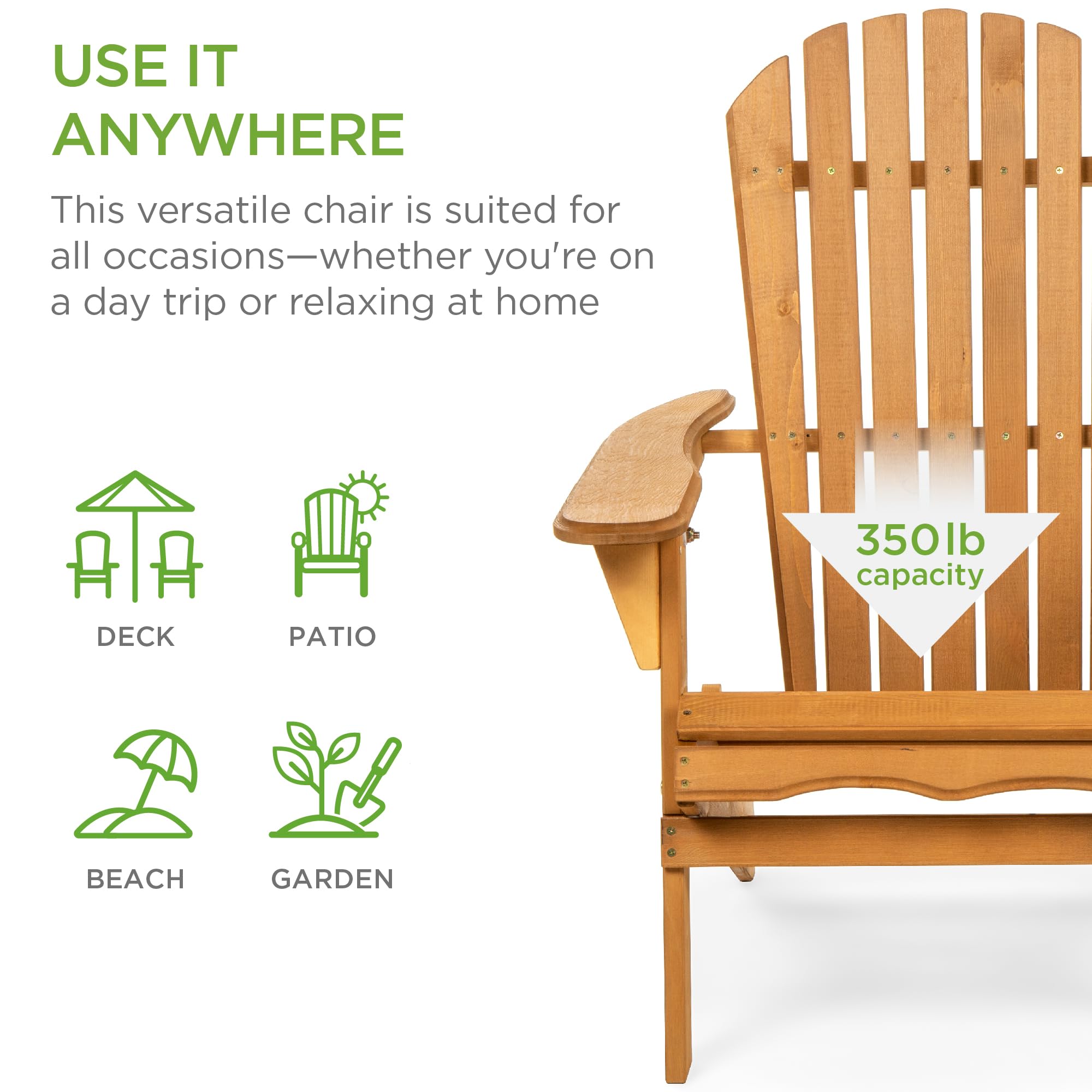 Best Choice Products Folding Adirondack Chair - Natural Wood Outdoor Lounge Chair with 350lb Weight Capacity for Patio, Garden, Yard & Fire Pit Relaxation - Perfect for Backyard, Poolside & Camping