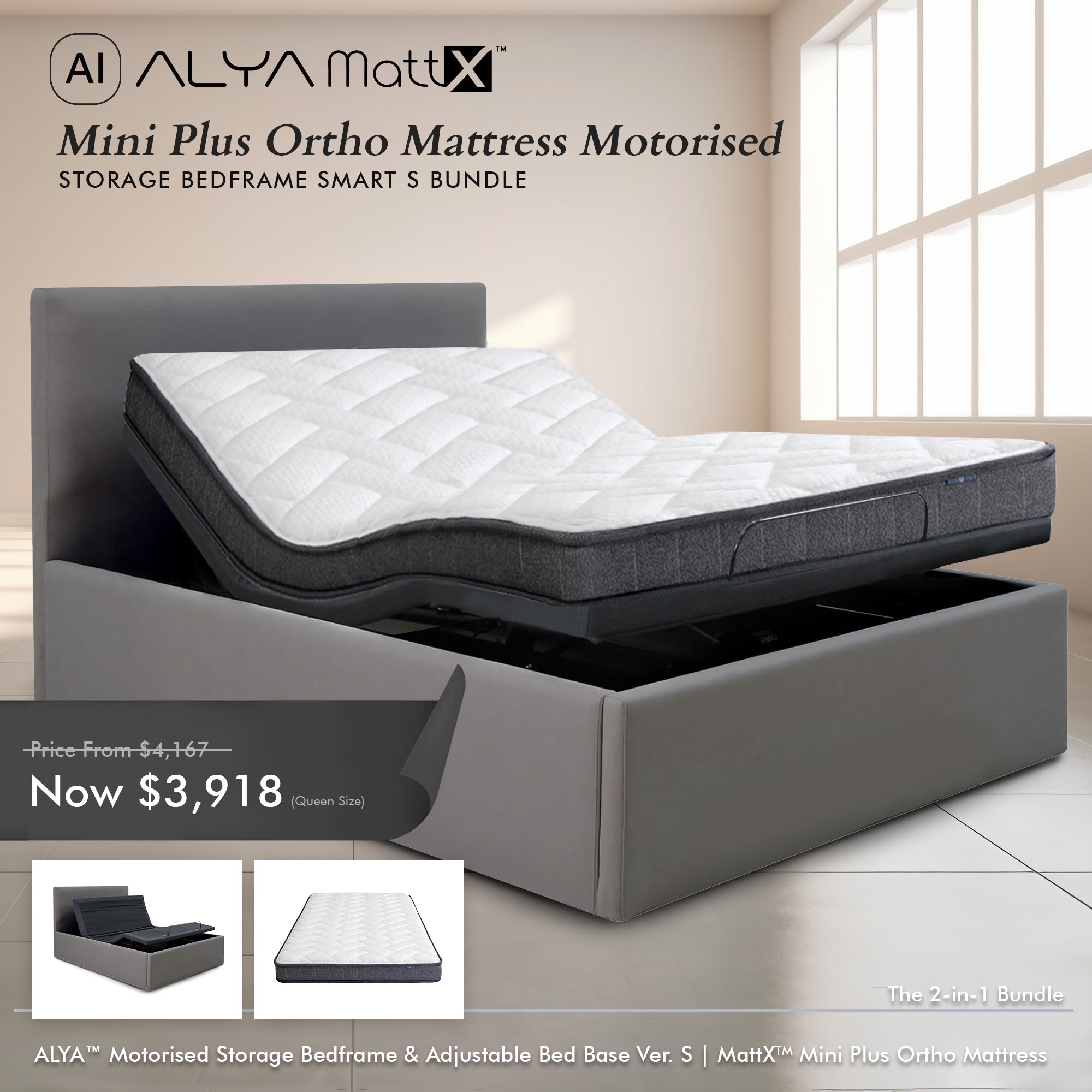 Mini Plus Ortho Mattress Motorized Storage Bed Frame Smart Bundle - Perfect for Small Spaces, Guest Rooms & Modern Bedrooms