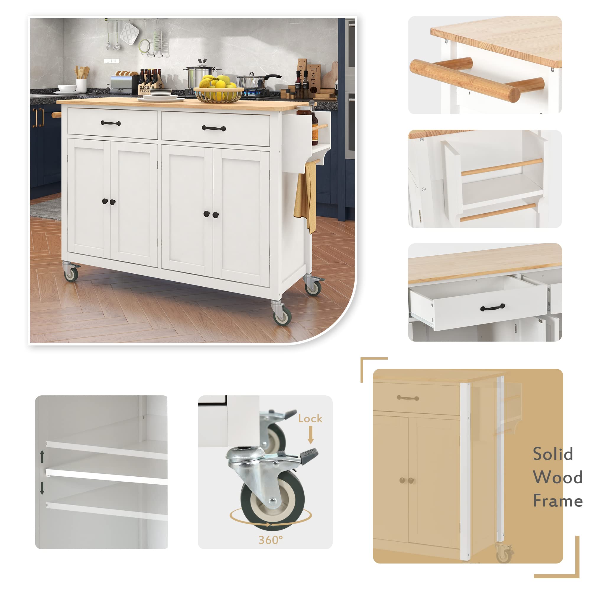 Rolling Kitchen Island Cart with Storage - White Solid Wood Top, Drawer & Cabinets | Mobile Kitchen Organizer for Small Spaces, Dining Prep & Extra Counter Space