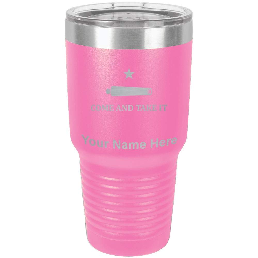 LaserGram 30oz Vacuum Insulated Stainless Steel Tumbler Mug with Texas Come and Take It Flag Design - Personalized Engraving Included (Pink) - Perfect for Coffee, Tea & Cold Drinks at Home, Office or Outdoor Adventures