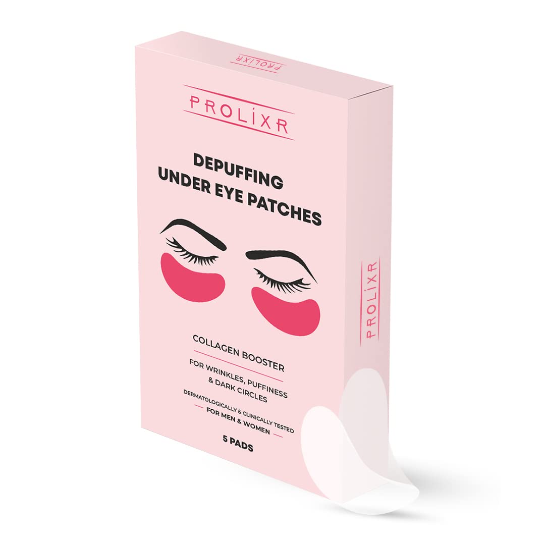 Prolixr Depuffing Under Eye Patches for Dark Circles & Puffiness - Soothing Aloe Vera, Witch Hazel, Carrot & Almond Extract - Collagen Eye Mask for All Skin Types (5 Pairs) | Perfect for Morning Routine, Travel & Post-Party Recovery
