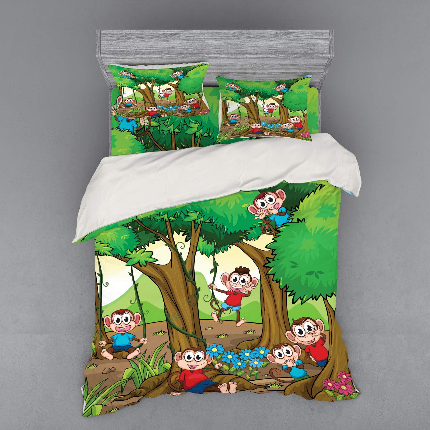 Ambesonne Cartoon Apes Monkeys Duvet Cover Set - 3 Piece Queen Size Bedding with Sham & Fitted Sheet - Exotic Forest with Big Trees and Daisy Blooms Design - Perfect for Kids' Rooms, Jungle Themed Bedrooms, and Animal Lovers' Home Decor