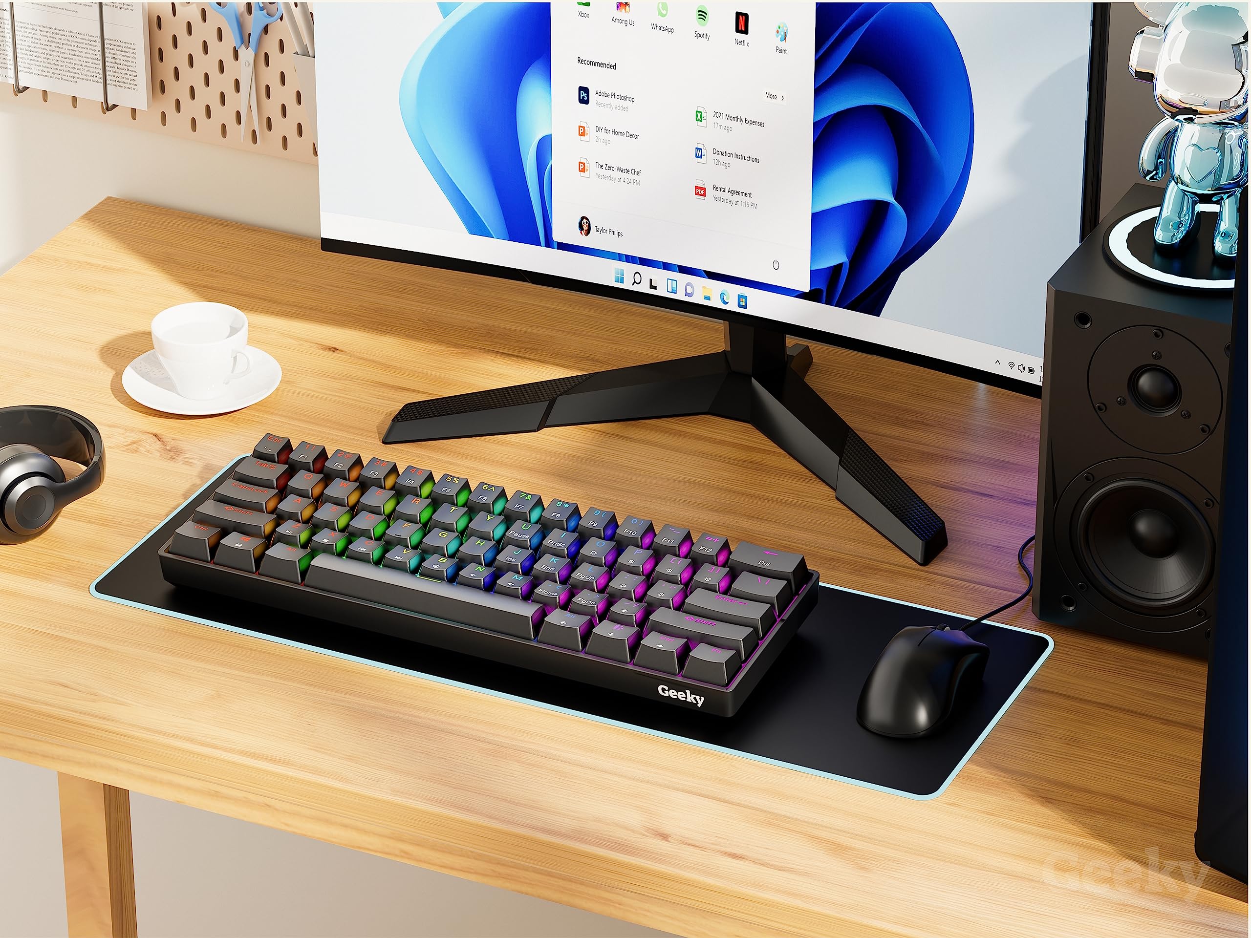 Geeky GK61 60% Hot Swappable Mechanical Gaming Keyboard - 61 Key RGB Backlit, Blue Switches for PC & Mac (ANSI US Layout, Black) | Perfect for Esports, Coding & Office Work