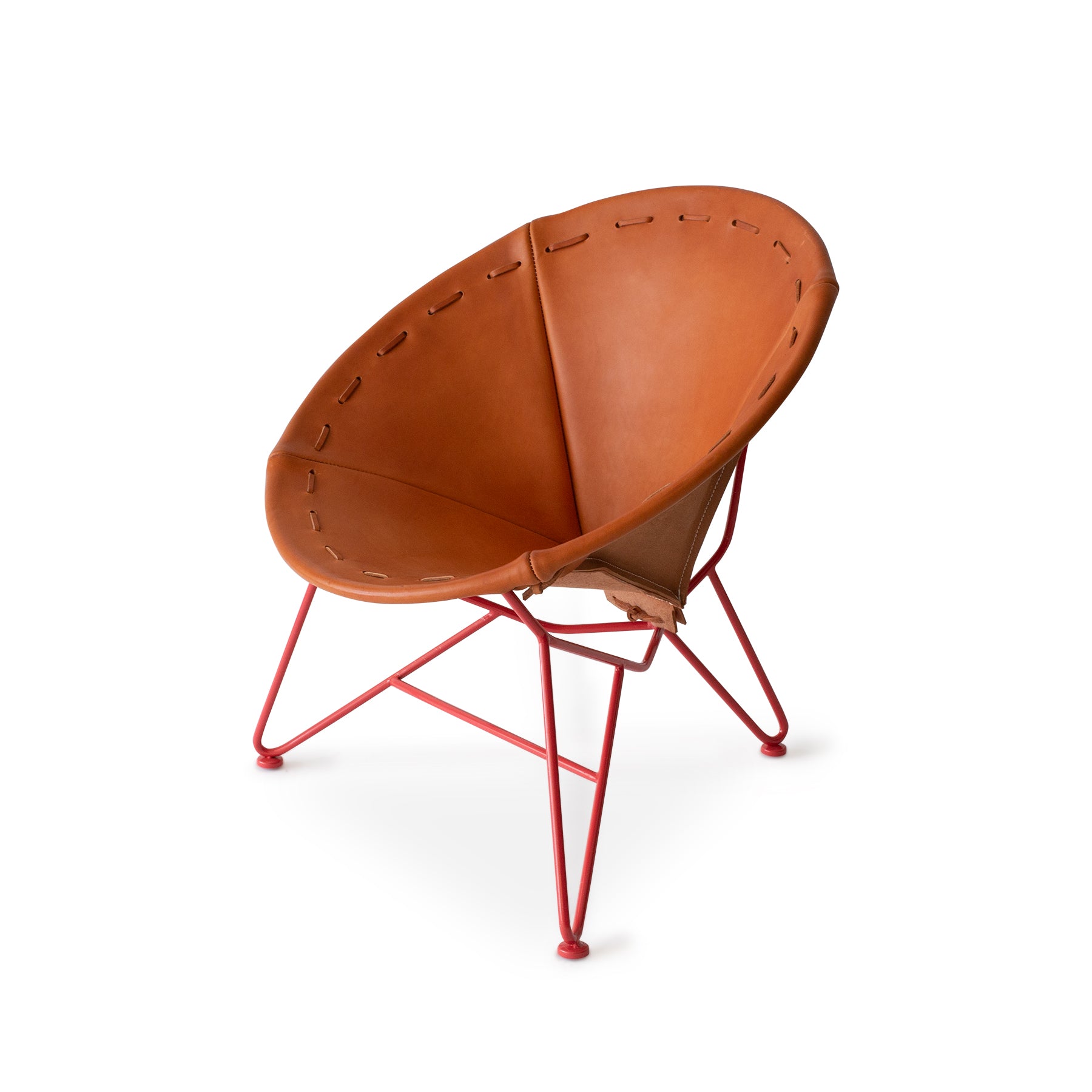 Handcrafted Natural Saddle Leather Round Chair with Strawberry Red Base - Perfect for Living Room, Office & Boho Home Decor