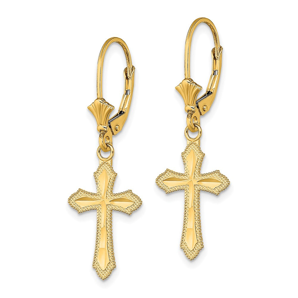 Gold Diamond Cut Cross with Beaded Edge Leverback Earrings TF1778 - Elegant Religious Jewelry for Women, Perfect for Church, Weddings & Special Occasions