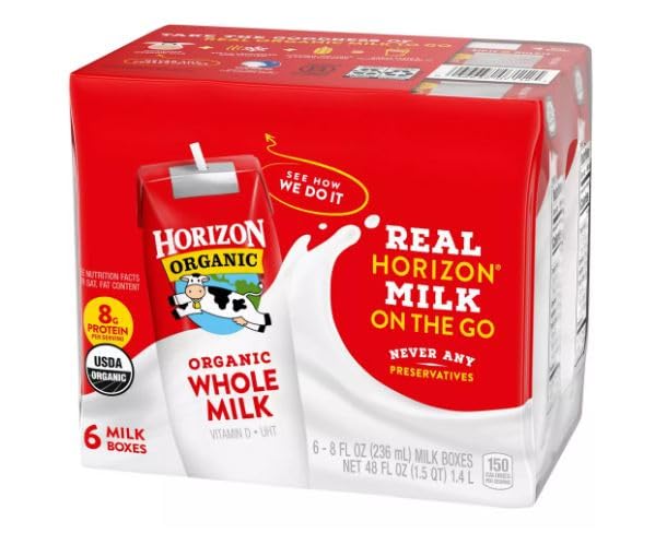 Horizon Organic Shelf-Stable Whole Milk Boxes - 6 Pack of 8oz Single Serve Milk Cartons | UHT Milk for Kids Lunchboxes, Camping, Emergency Food Storage & On-the-Go Nutrition