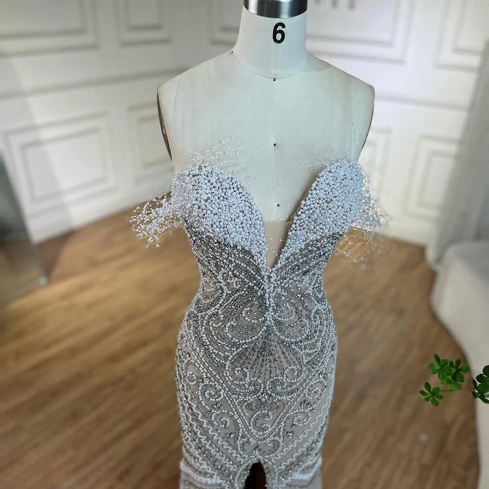 Luxury Dubai White Nude Split Mermaid Pearl Beaded Evening Gown for Women - Elegant Wedding Party Dress LA72522 | Perfect for Bridal Showers, Red Carpet Events & Formal Galas