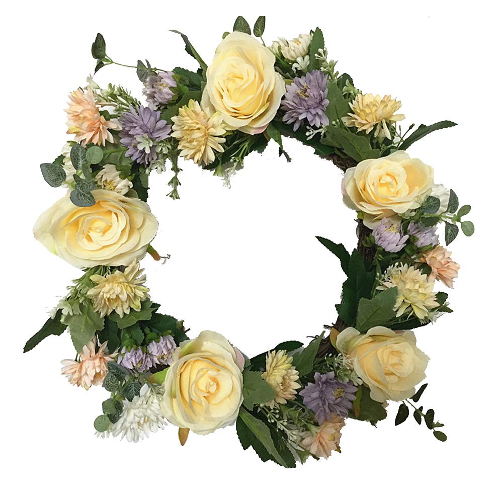 VICASKY 1PC Artificial Rose Chrysanthemum Wreath - Yellow Floral Wall Hanging Decor for Home, Office, Wedding & Party Decoration | Elegant Simulated Flower Garland for Door, Window & Wall Decor
