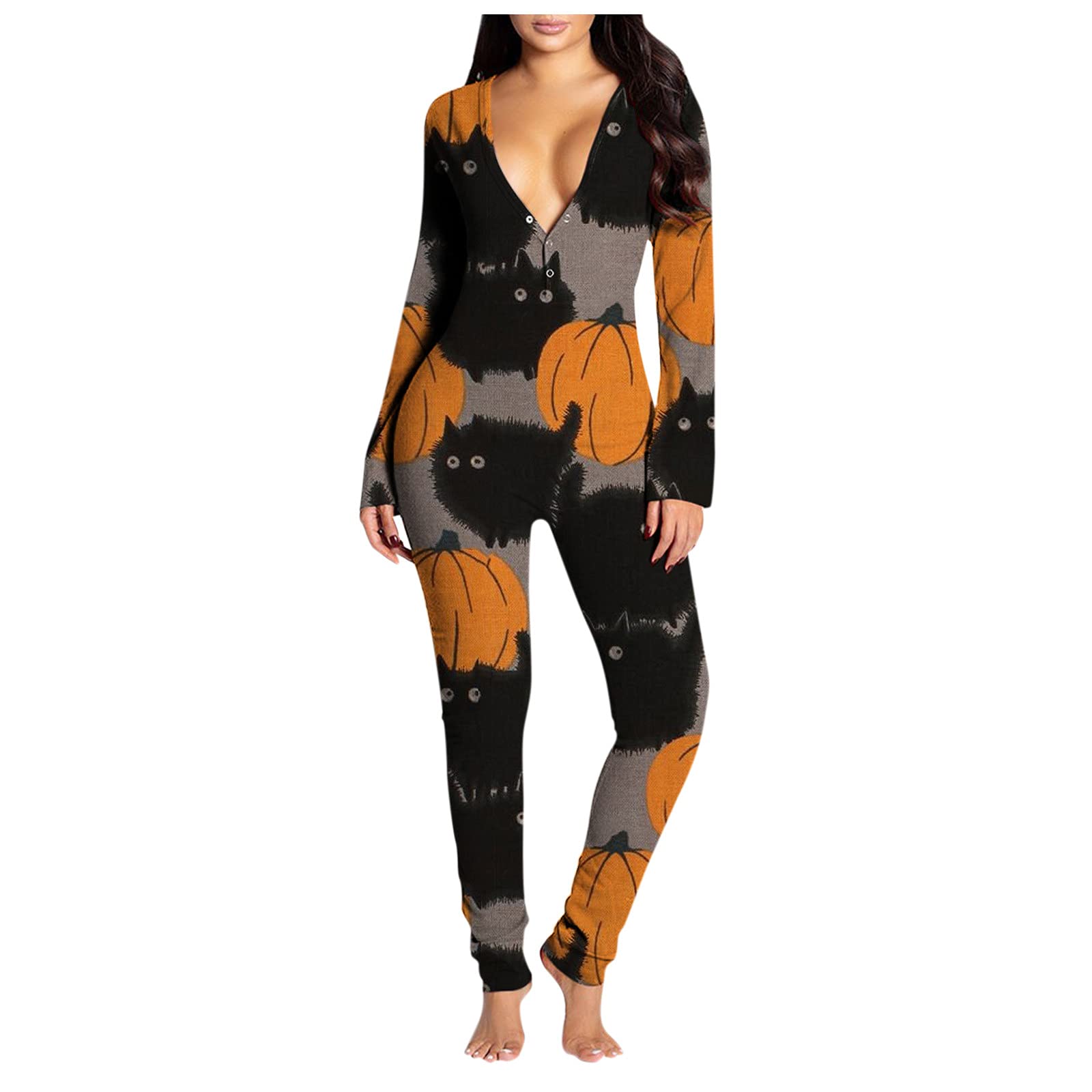 PLENTOP Women's Halloween Jumpsuit - Sexy Buttoned Flap V-Neck Romper Pajama Sleepwear for Women | Costume Party, Sleepover, Cosplay, Loungewear