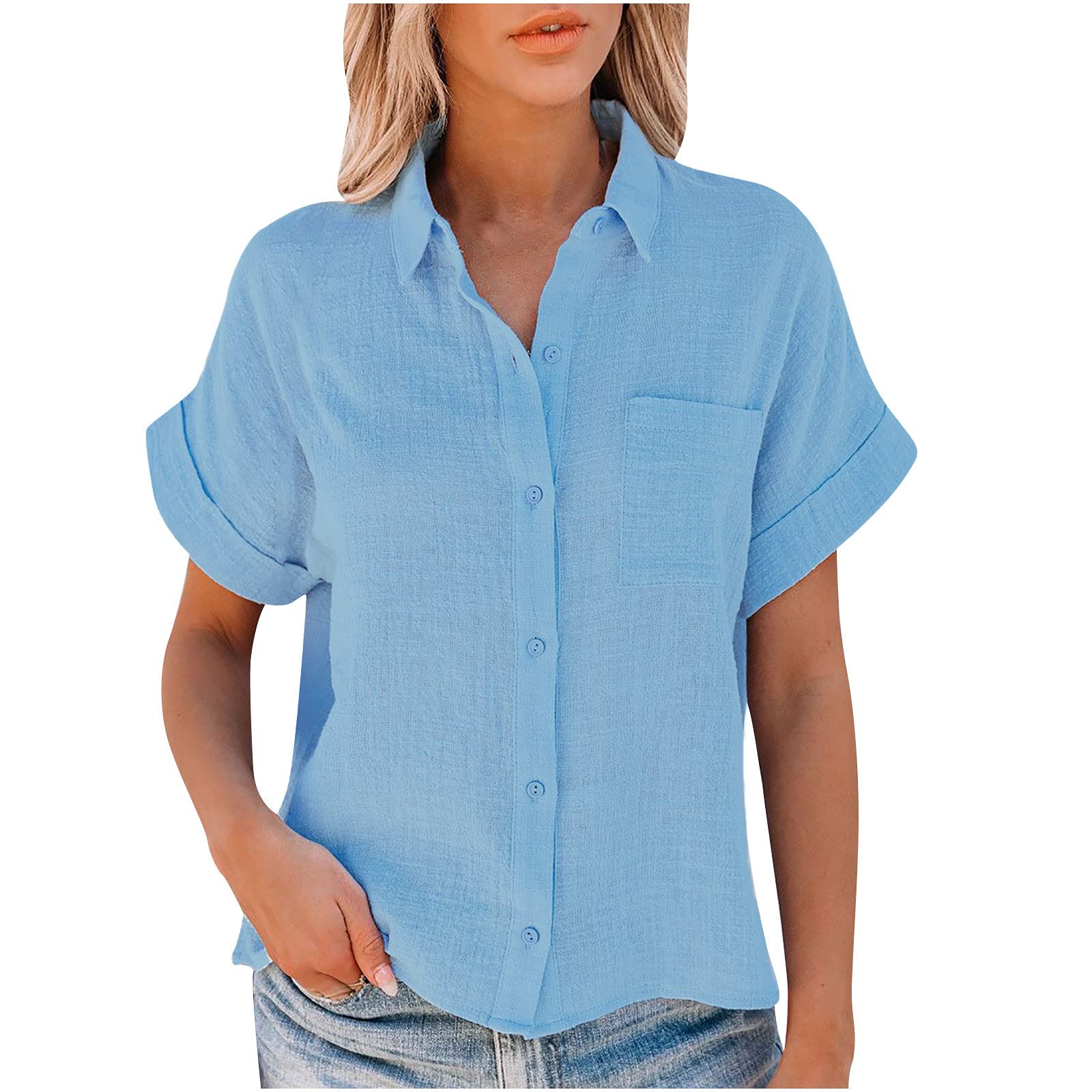 Women's Summer Tops - Trendy Cotton Linen Short Sleeve V-Neck Blouse with Button Lapel | Casual Loose Fit T-Shirts for Women | Perfect for Beach, Vacation & Everyday Wear