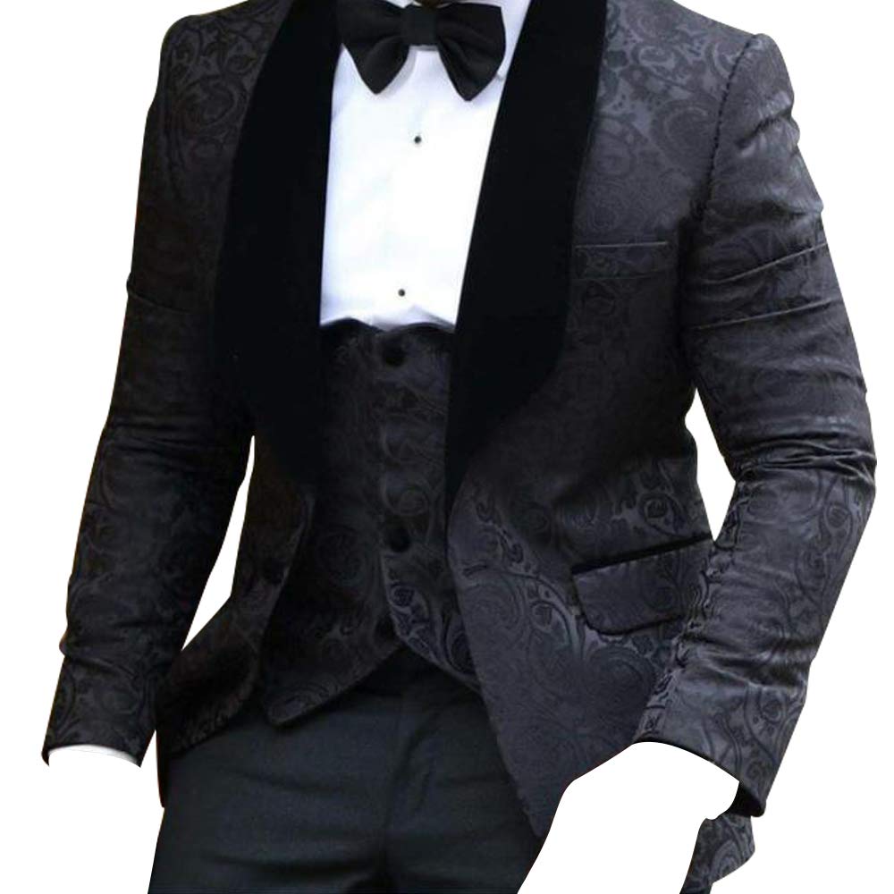 HBDesign Men's 3-Piece Formal Suit Set - 1 Button Black Shawl Lapel with White Pattern | Wedding, Prom, Business & Evening Events