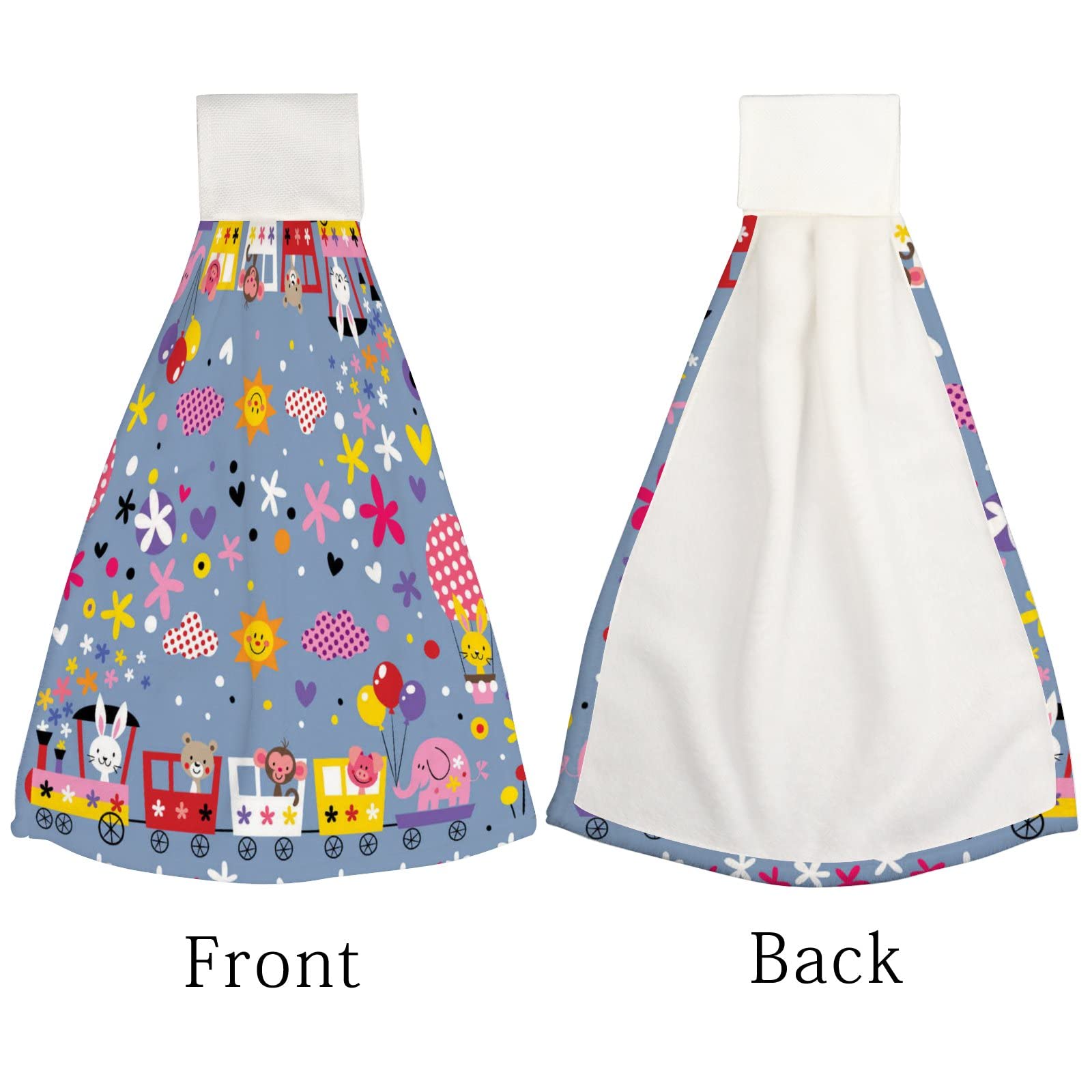 Kids Cartoon Animal Train Hanging Hand Towels Set of 2 - Super Absorbent Soft Bathroom Kitchen Towels with Loops, Machine Washable - Perfect for Kids' Bathrooms, Kitchens & Playrooms