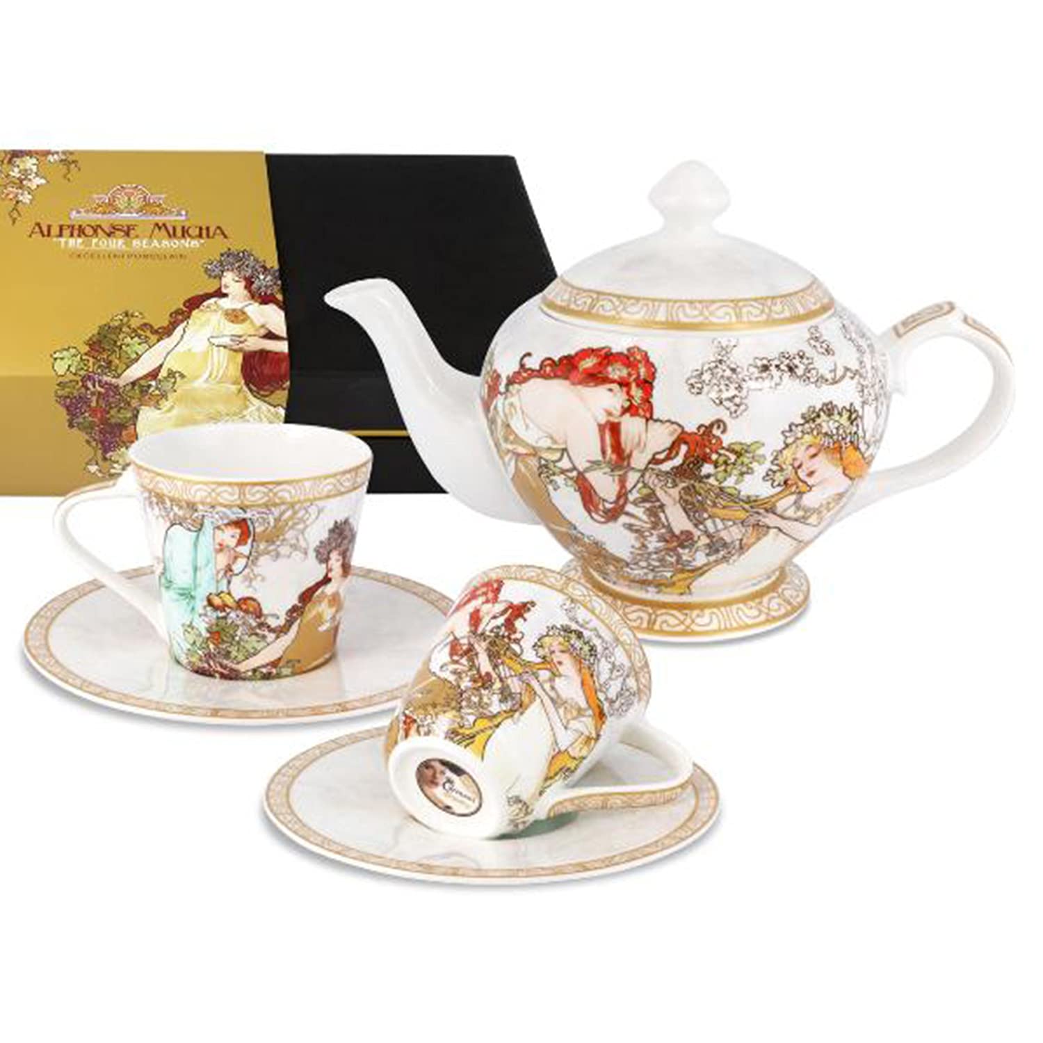 Premium Porcelain Coffee Mug Set - 22oz Tea Kettle & 2 8oz Cups with Mucha Four Seasons Art Design for Latte, Mocha, Cappuccino | Elegant Gift for Tea Party, Home Decor & Office Use