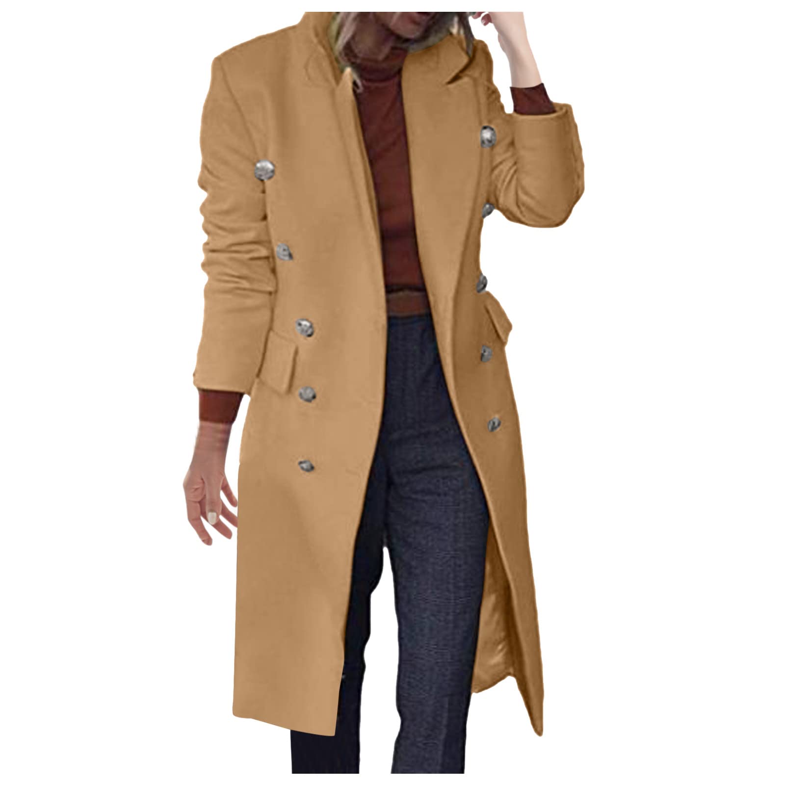 Elegant Women's Notched Collar Double Button Slim Wool Blend Pea Coat Jacket for Fall Winter Fashion | Office Work & Casual Outfit Outerwear