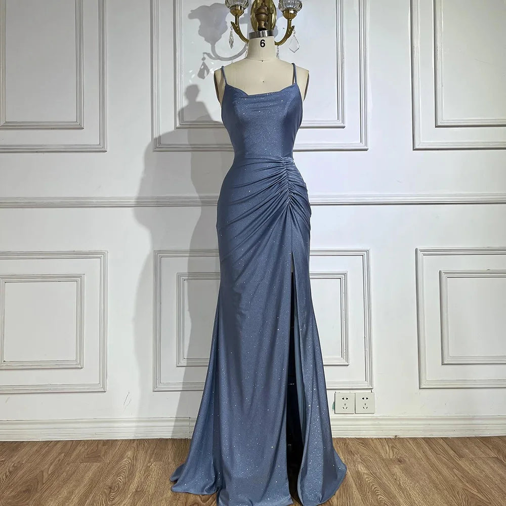 Elegant Dubai Saudi Arabic Blue Spaghetti Strap Mermaid Evening Gown with High Slit - Formal Dress for Prom, Wedding, Gala & Special Occasions