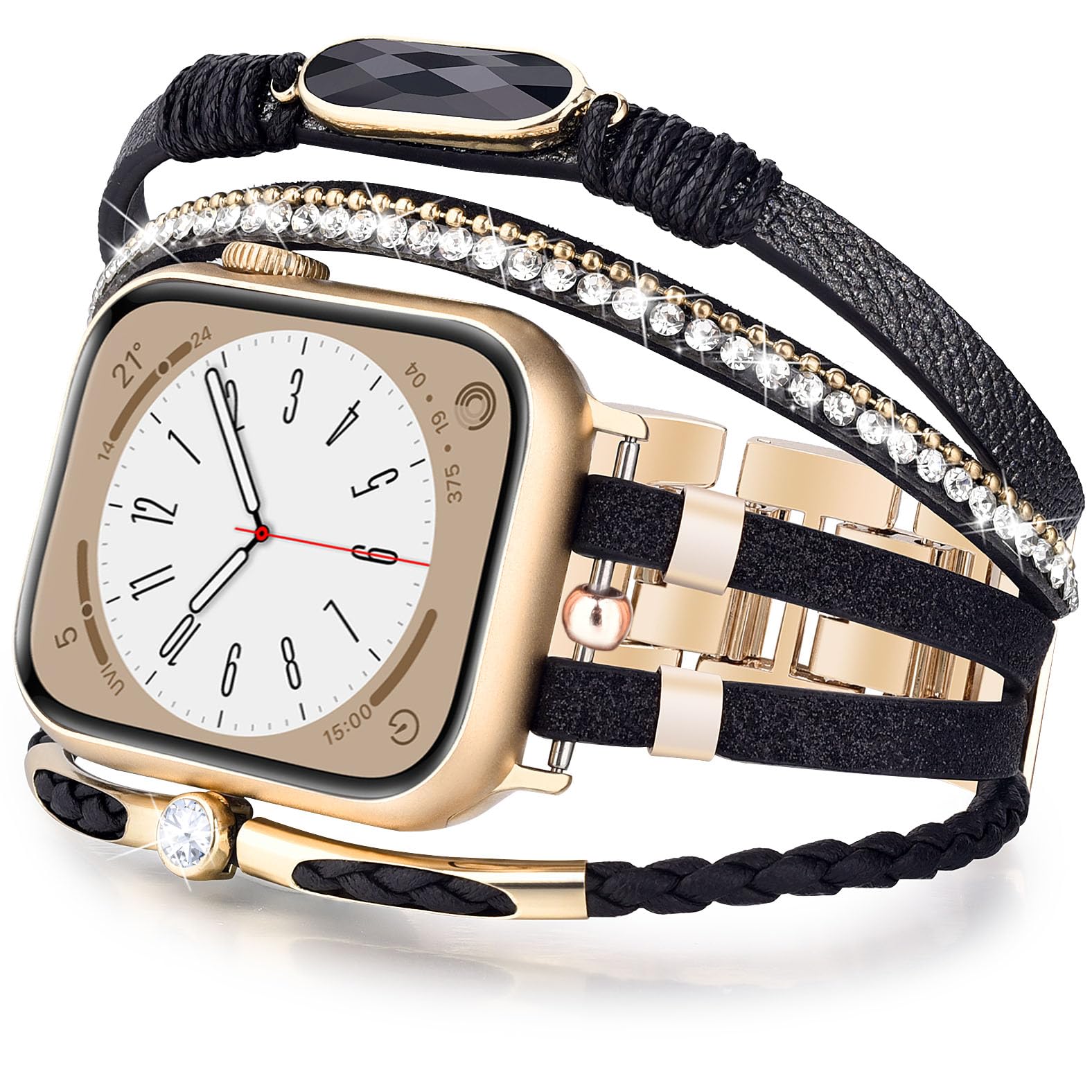 Boho Leather Apple Watch Band for Women - Adjustable 38mm 40mm 41mm iWatch Strap Compatible with Series 10/9/8/7/6/5/4/3/2/1/SE - Stylish Multilayer Wrap Bracelet for Everyday Wear & Boho Fashion Accessories