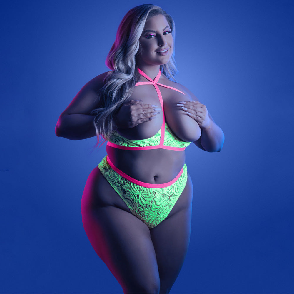 Fantasy Lingerie Glow in The Dark Open Cup Lace Bra & Panty Set for Curvy Women - Perfect for Romantic Nights & Special Occasions