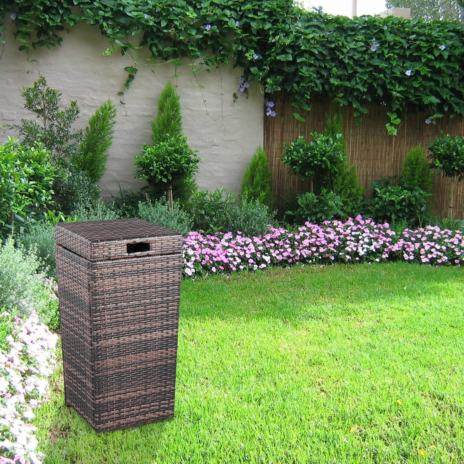 27 Gallon Outdoor Rattan Trash Can with Lid - Waterproof Patio Garden Waste Bin, Iron Frame Brown Gradient Design | Perfect for Backyard, Deck & Poolside Use