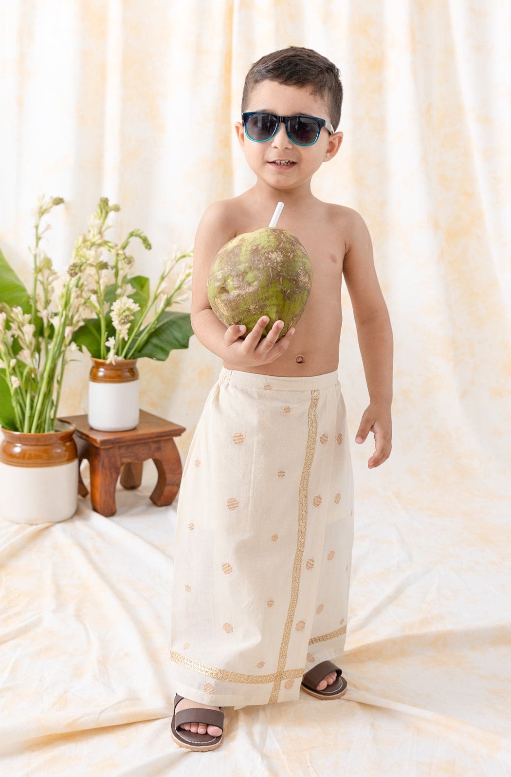 Pre Order: Boys' Polka Dot Mundu Cream - Traditional Indian Dhoti for Festivals, Weddings & Cultural Events