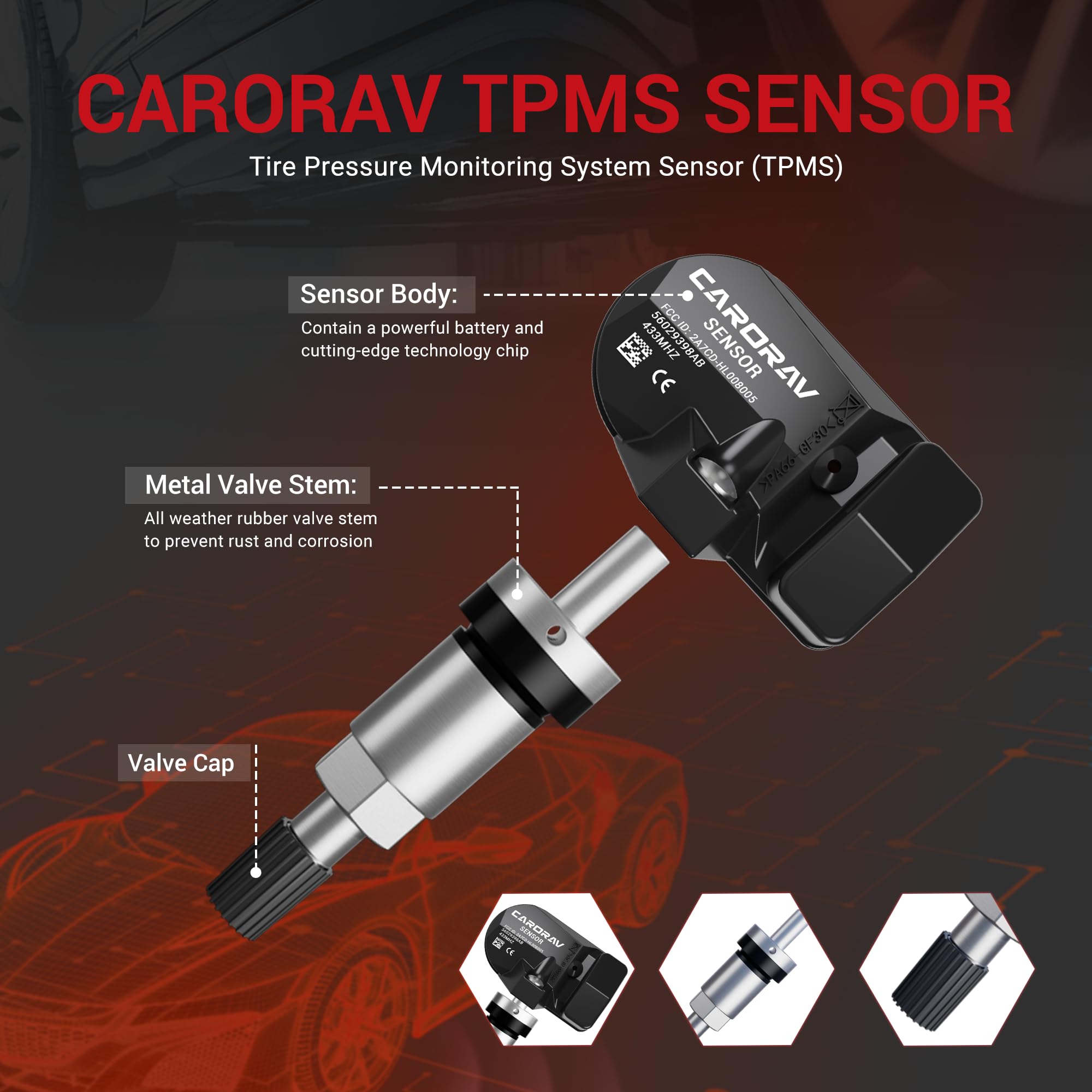 4-Pack 433MHz TPMS Sensor Replacement for Chrysler Jeep Dodge Ram - OE Compatible with #56029398AB 68142397AA 68241067AA 68241067AB | Tire Pressure Monitoring System for Safer Driving & Better Fuel Efficiency