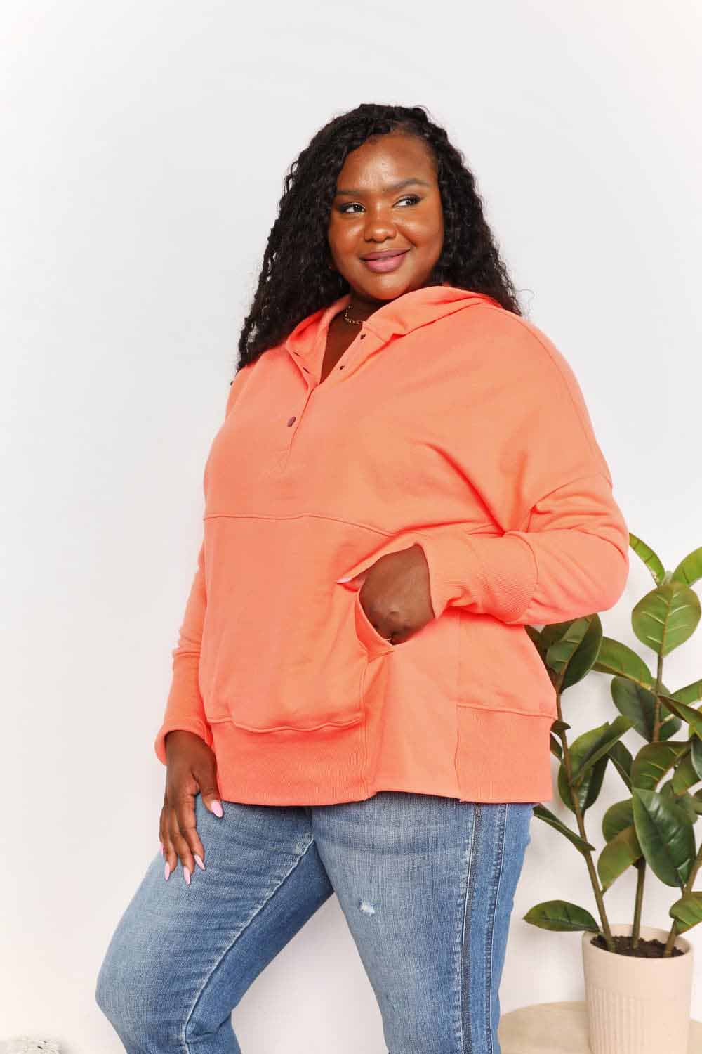 Quarter Snap Dropped Shoulder Hoodie in Tangerine | Trendy Oversized Pullover Sweatshirt for Women & Men | Perfect for Casual Wear, Street Style & Loungewear