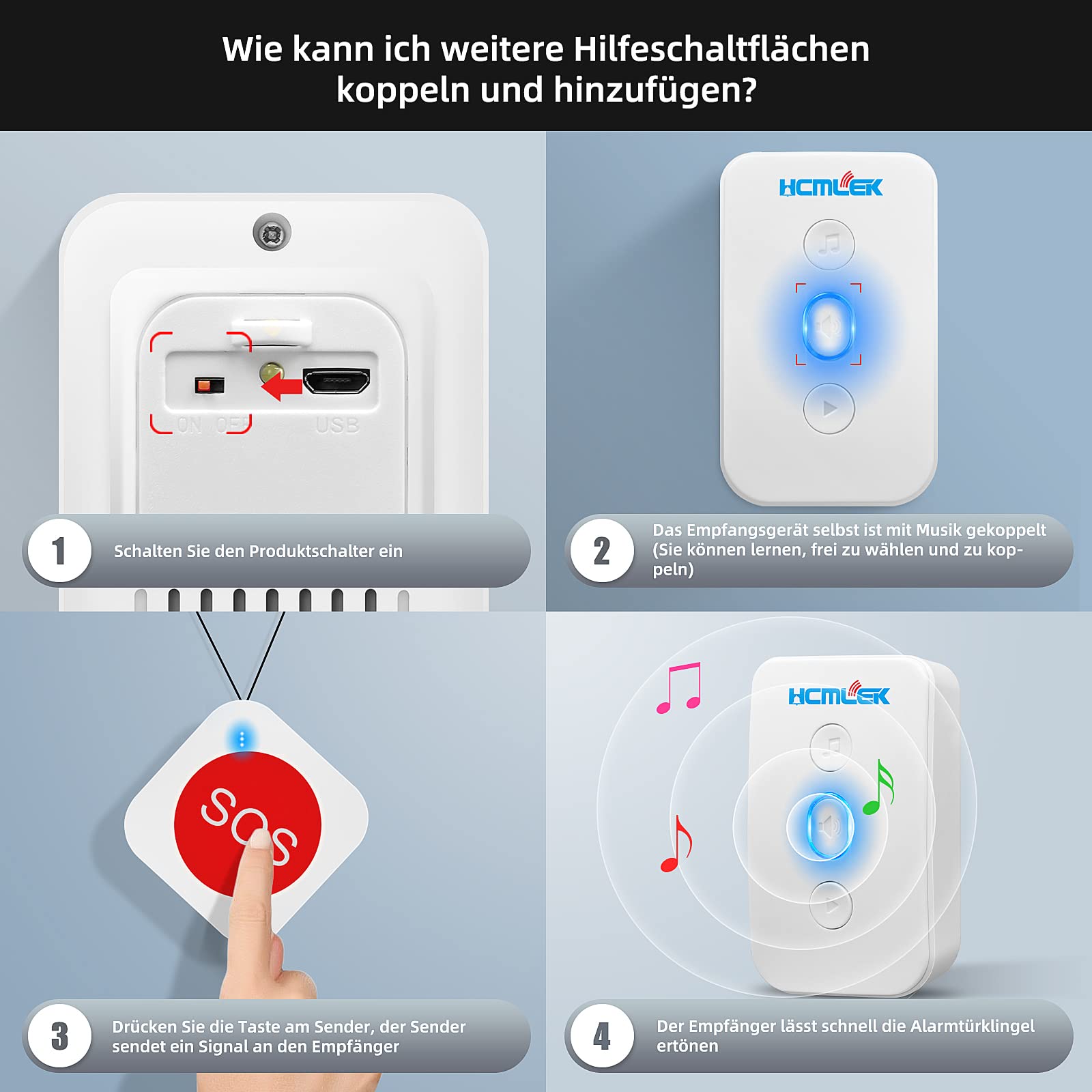 Hcmlek Emergency Call Button for Seniors - Wireless Personal Alarm with Loud Speaker, Fall Detection & Waterproof Design | Home Safety Alert System for Elderly, Disabled & Patients | Perfect for Bedside, Bathroom & Nursing Care