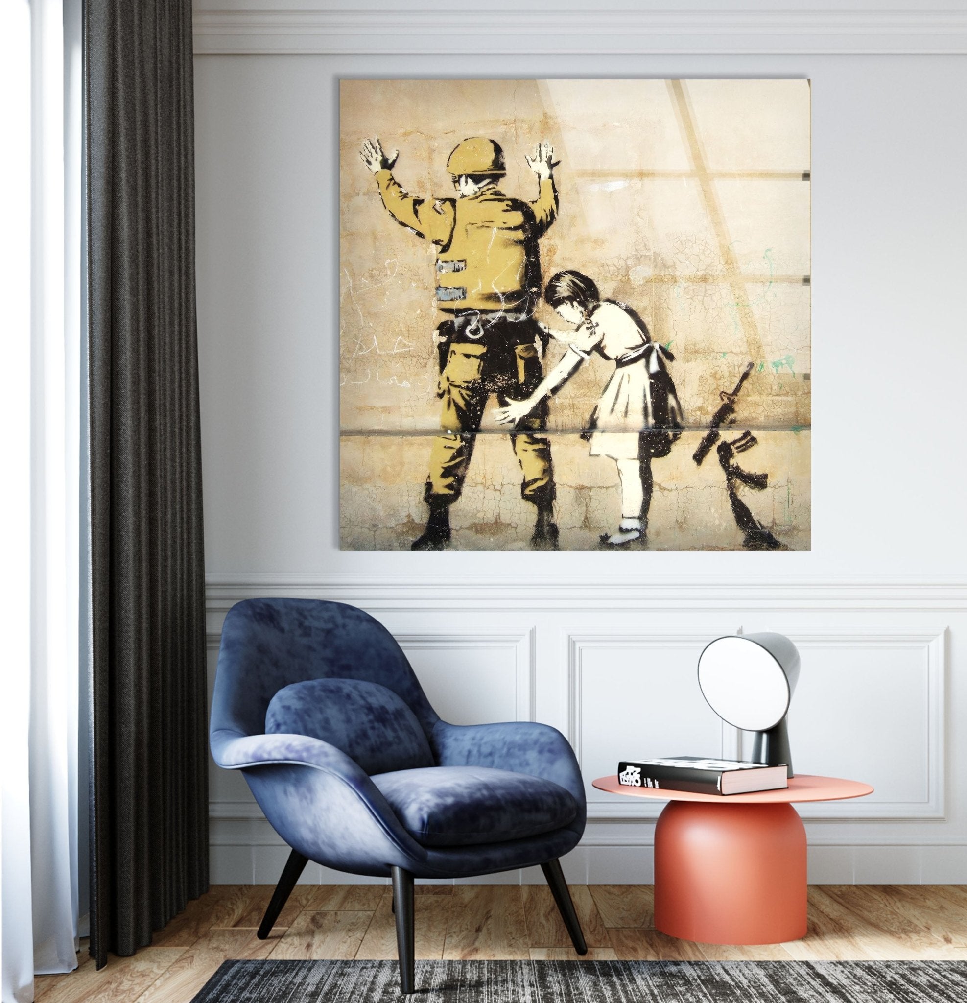 Banksy Girl Frisking Soldier Glass Wall Art - Stunning Home Decor for Living Room, Office & Gifts | Modern Framed Glass Print