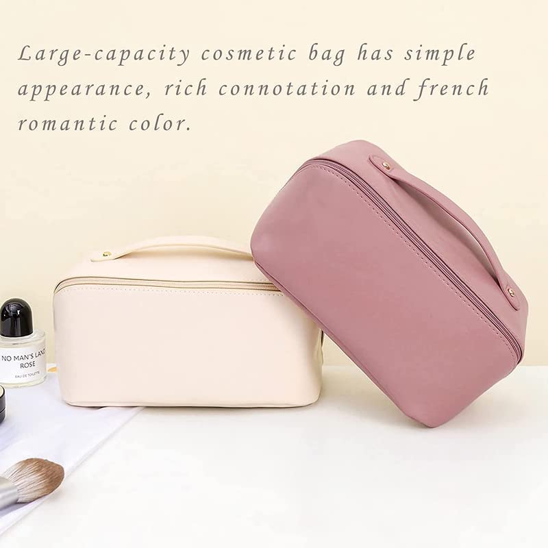 ZUMIE Large Waterproof Travel Cosmetic Bag for Women - PU Leather Makeup Organizer with Divider & Handle, Pink Toiletry Pouch for Vacation, Gym, Business Trips & Daily Essentials Storage