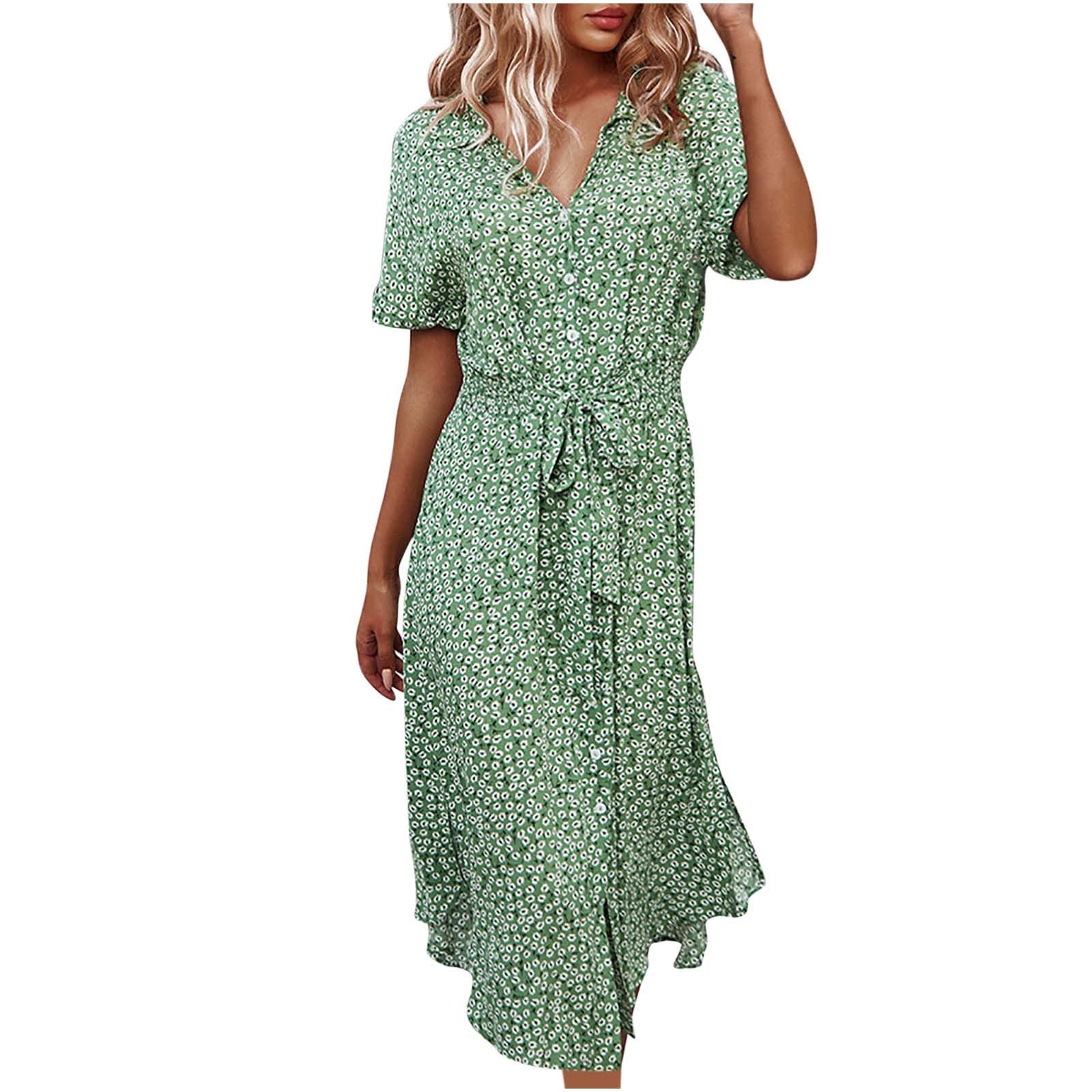 Feledorashia Women's Bohemian Floral Print Summer Dress - Short Sleeve, Button Front, Bandage Waist, Flowy Knee-Length Casual Dress for Beach, Vacation & Outdoor Parties