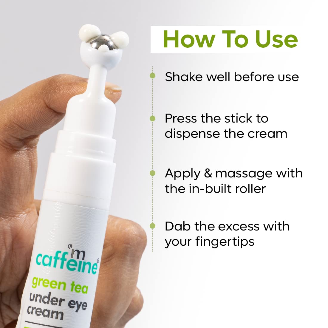 mCaffeine Green Tea Under Eye Cream for Dark Circles & Wrinkles - 3% Caffeine, 1.5% Vitamin C & Peptides - Reduces Puffiness & Fine Lines - Cooling Gel with Roller Applicator - 15ml - Perfect for Morning & Night Skincare Routine for Men & Women